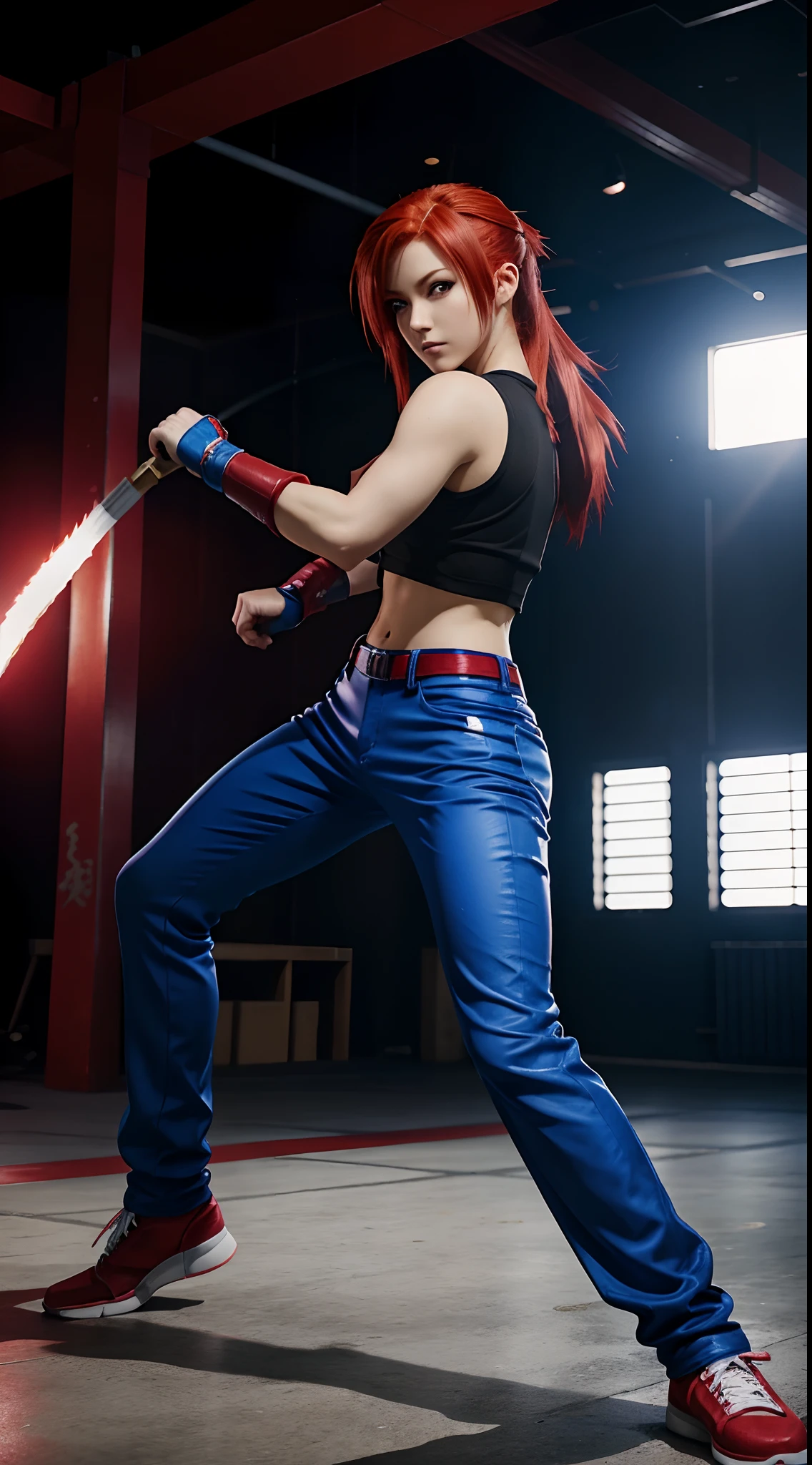 anime character with red hair and blue pants posing for a picture, fighting game character, fighting stance, character from king of fighters, she is ready to fight, powerful stance, fighter pose, female protagonist anime style character