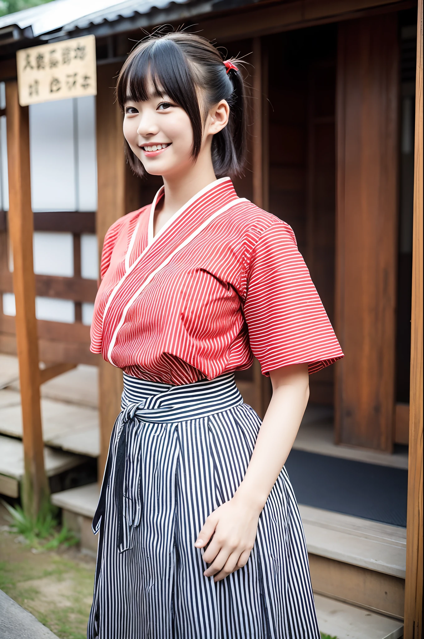 girl in old-japan town,arrow stripe pattern hakama-top,dark red school skirt,vermilion string-hair-bow,18-year-old,bangs,a little smiles,thighs,crotch,knees,short cut hair,pigtail,from below