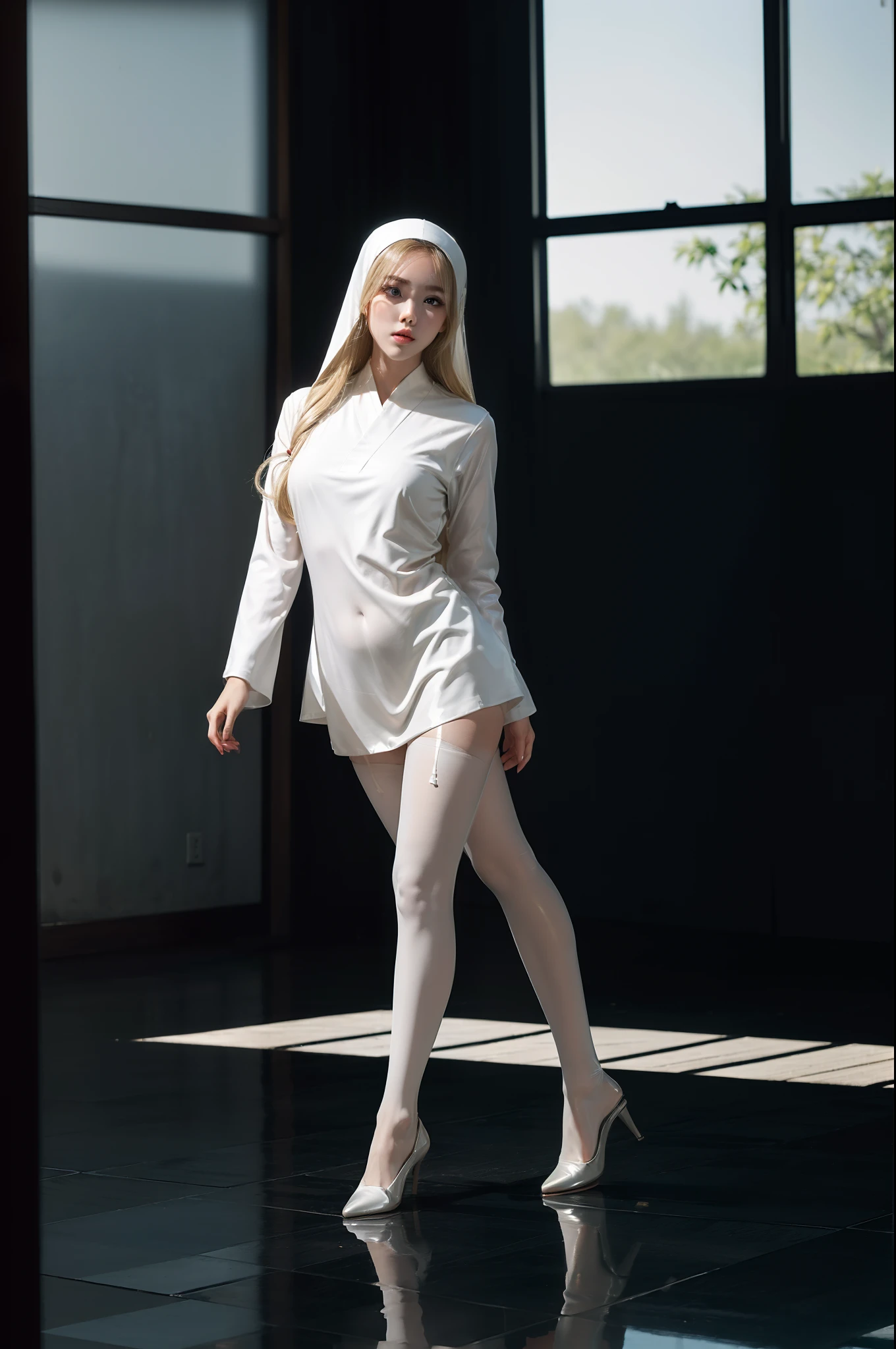 (full body:2),(1girl:1.3),(view the viewer:1.4),(anatomy correct:1.4),(pantyhose and pointed thick heels :1.3),(Dancing in the living room:1.2),(Japanese Nun suit:1.3),(Extra Long blonde Hair:1.2),(Accurate and perfect face:1.3),(Long legs and big feet:1.3),((((Skin reflection , Skin Gloss))):1.2),hyper HD, Ray traching, reflective light, structurally correct, Award-Awarded, high detail, lighten shade contrast, Face lighting ,cinematic lighting, masterpiece, super detailing, high quality, high detail, best quality, 16k,High contrast,