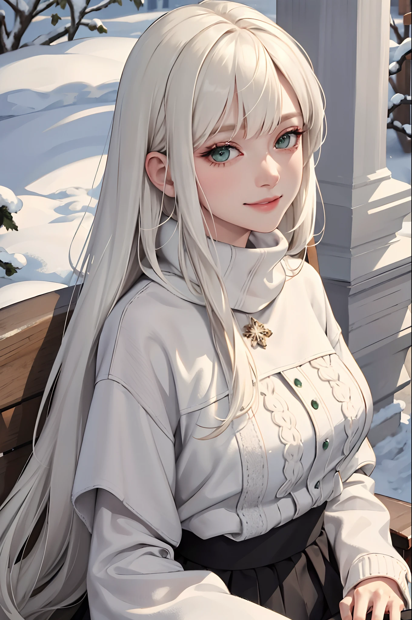 (masterpiece:1.2, best quality), (real picture, intricate details), 1lady, solo, upper body, casual, long hair, minimal makeup, natural fabrics, close-up face, smile, home, long light platinum blonde hair, bangs, green eyes, big breasts, cute winter clothing, cold scenario, winter clothing, pleated skirt, snow.