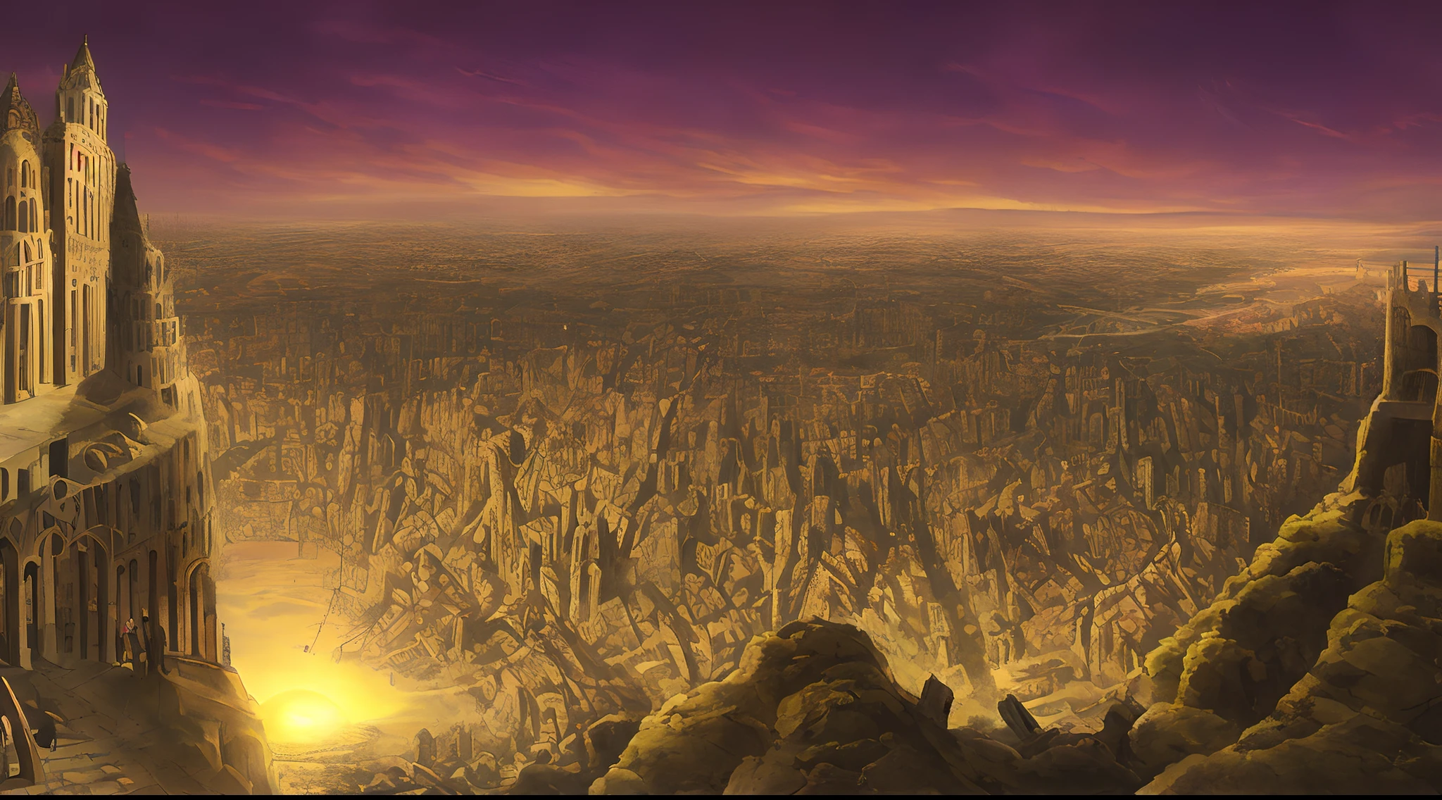 "An inspiring illustration of the mythical Tower of Babel, presenting intricate details and breathtaking craftsmanship. The tower rises against a vibrant sunset sky, casting a mesmerizing shadow over the moving city below. The cema is imbued with a seeding of wonder and greatness, capture the essence of human ambition and unity."