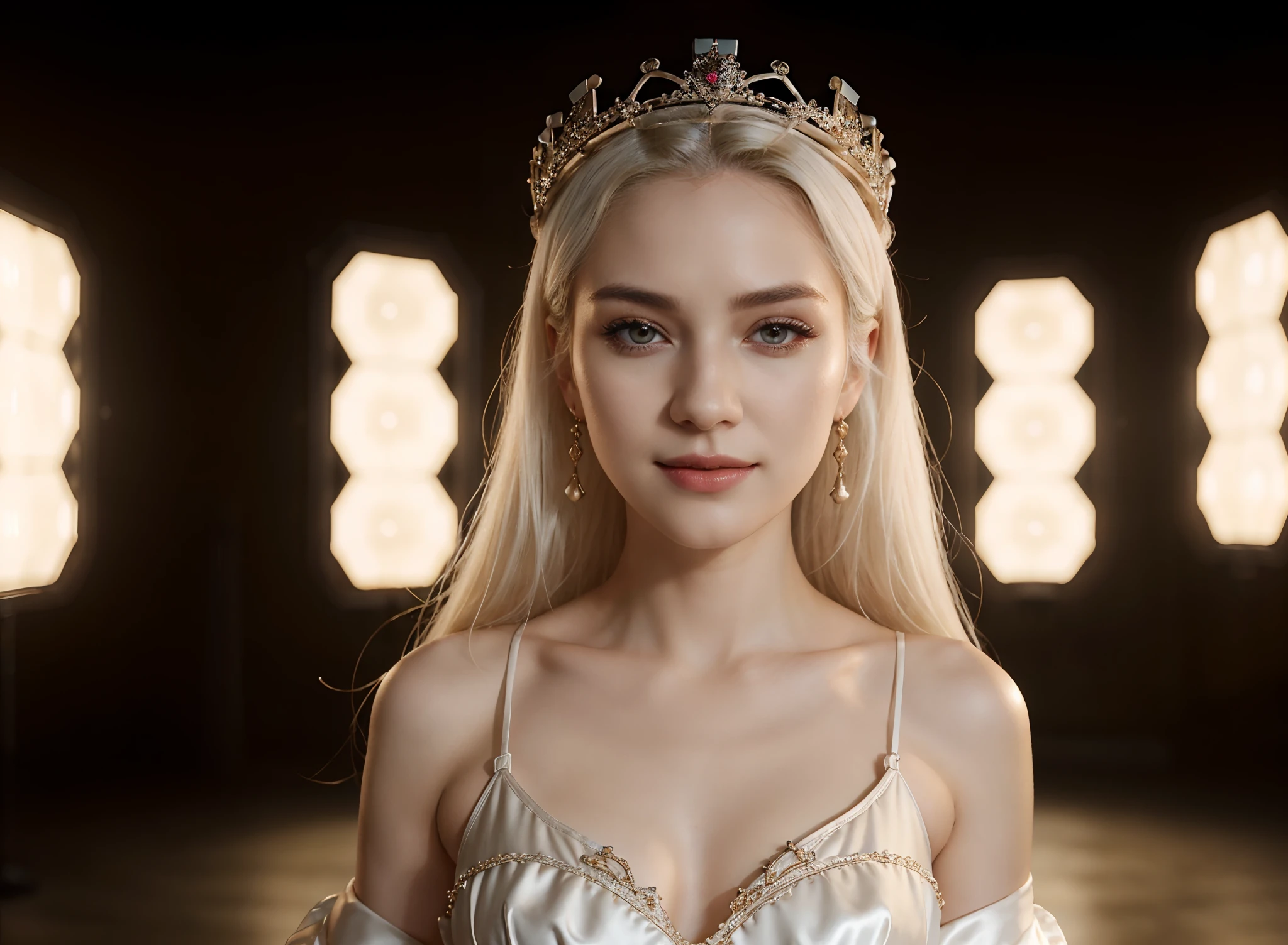 best quality, ultra high res, (photorealistic:1.4), cinema light, depth of field ,beautiful face, | 1 girl, k-pop idol, natural makeup, ,(Crown:1.2) , rogue, pale skin, white hair, slim body, medium breast, ship background, look at viewer, standing, smile