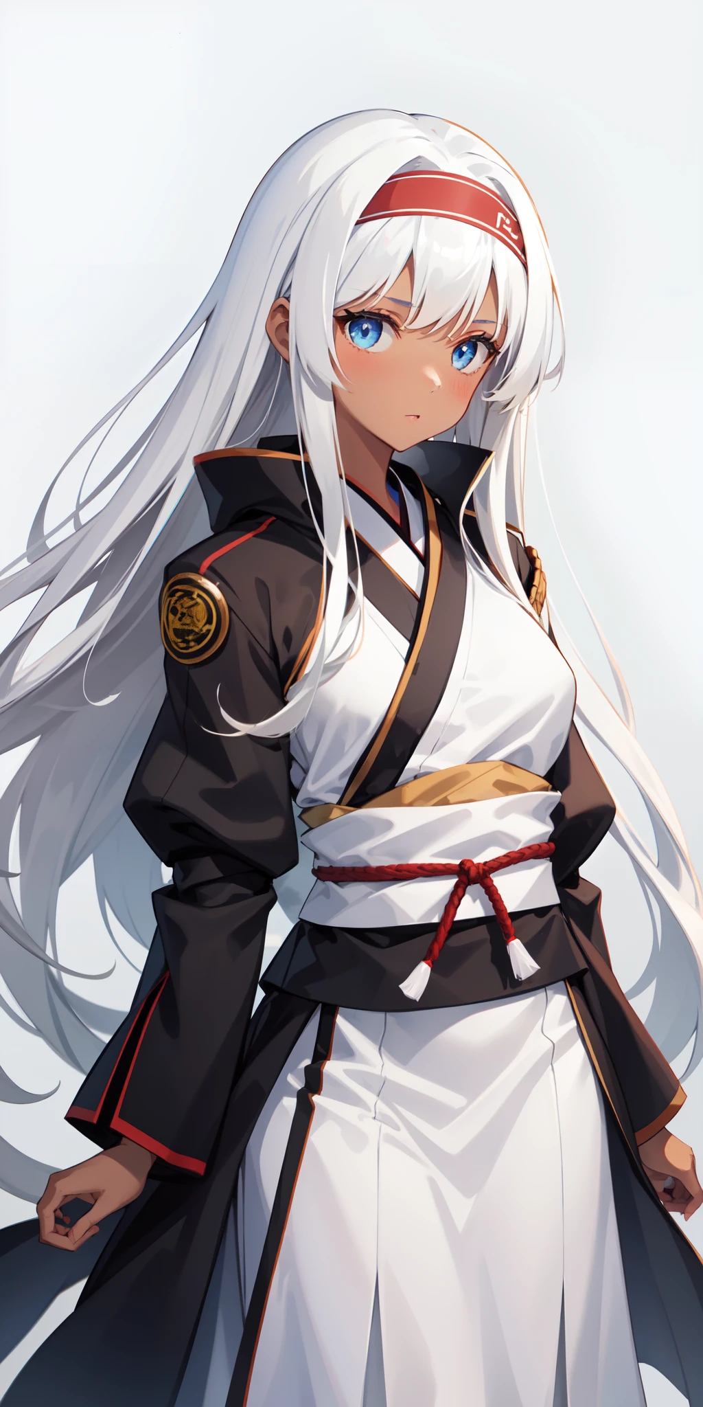 1 girl, brown skin, long white hair, blue eyes, white ninja headband, white ninja uniform, Yamato