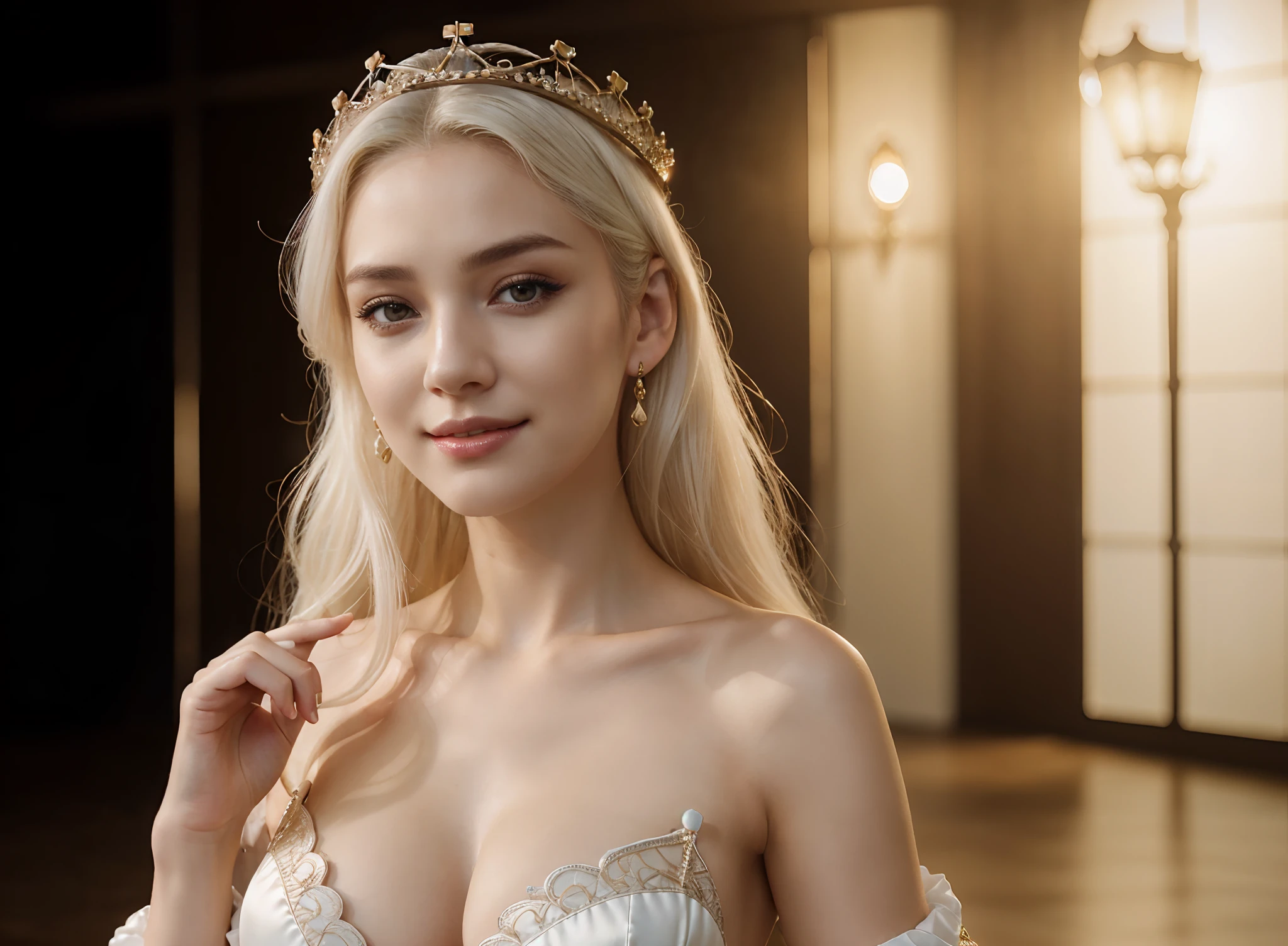 best quality, ultra high res, (photorealistic:1.4), cinema light, depth of field ,beautiful face, | 1 girl, k-pop idol, natural makeup, ,(Crown:1.2) , rogue, pale skin, white hair, slim body, medium breast, ship background, look at viewer, standing, smile