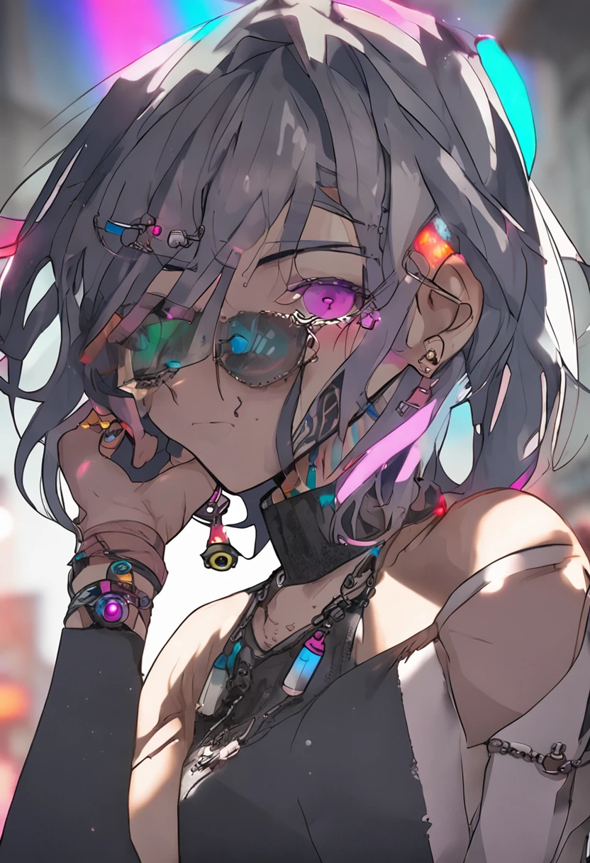 young woman, Dark Fantasy, cyberpunk aesthetic, cinematic lighting, medium length hair, multicolor hair, heterochromatic eyes, gorgeous eyes, choker, earrings, many earrings, highly detailed, almost fully clothed, many tattoos, highly detailed, many accessories, seductive face,