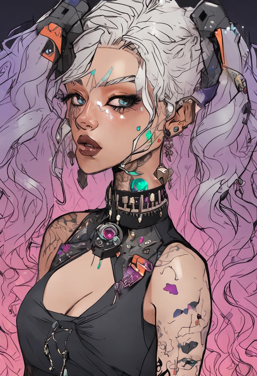 young woman, Dark Fantasy, cyberpunk aesthetic, cinematic lighting, medium length hair, multicolor hair, heterochromatic eyes, gorgeous eyes, choker, earrings, many earrings, highly detailed, almost fully clothed, many tattoos, highly detailed, many accessories, seductive face,