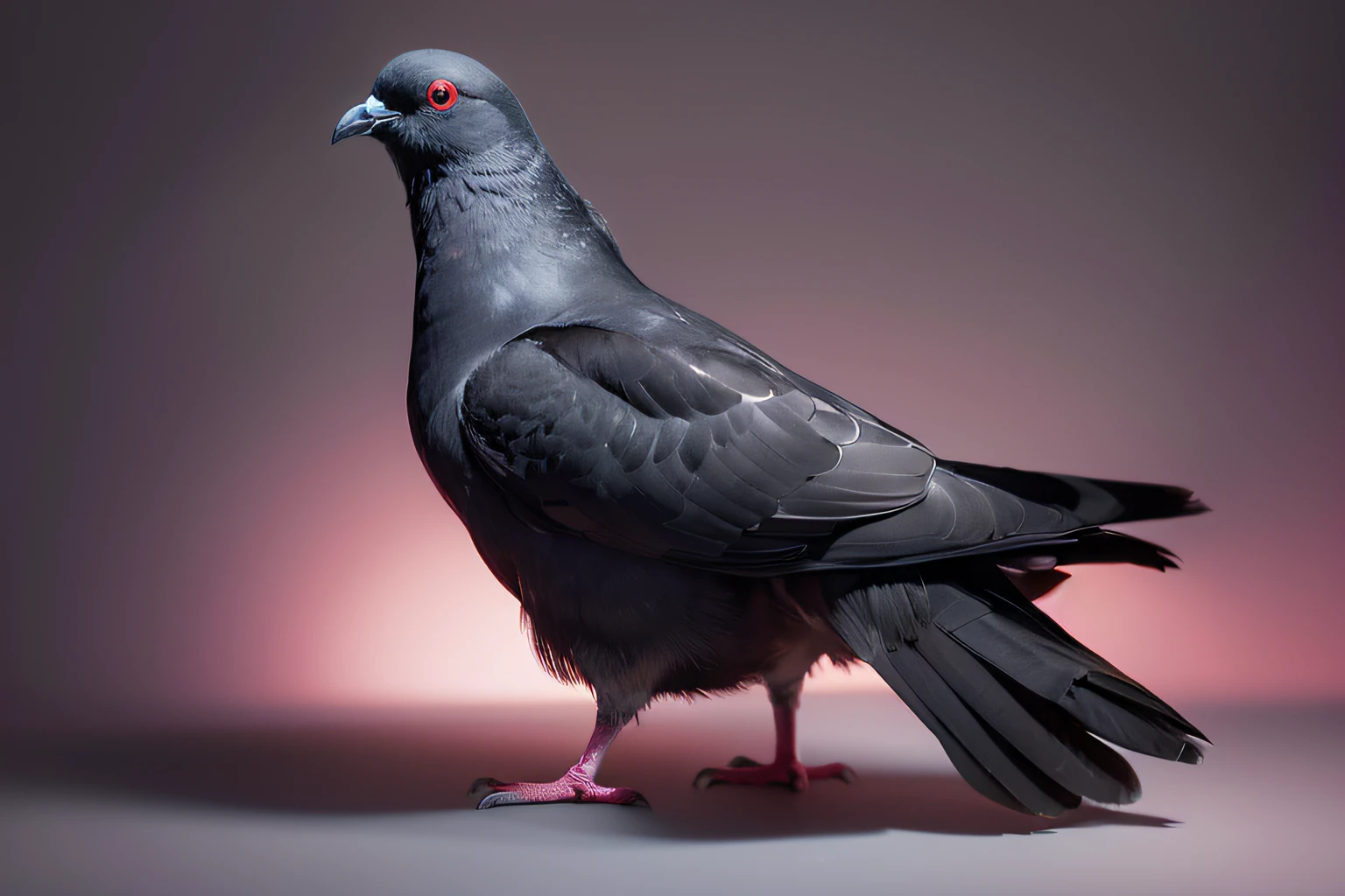 "Generate a highly detailed image of a black pigeon seen from the side, set against a clean white background. The pigeon should have a lustrous sheen on its feathers, illuminated by cinematic lights that cast dramatic shadows. The eyes of the pigeon should be a vivid shade of red, adding an intense and captivating focal point to the image."