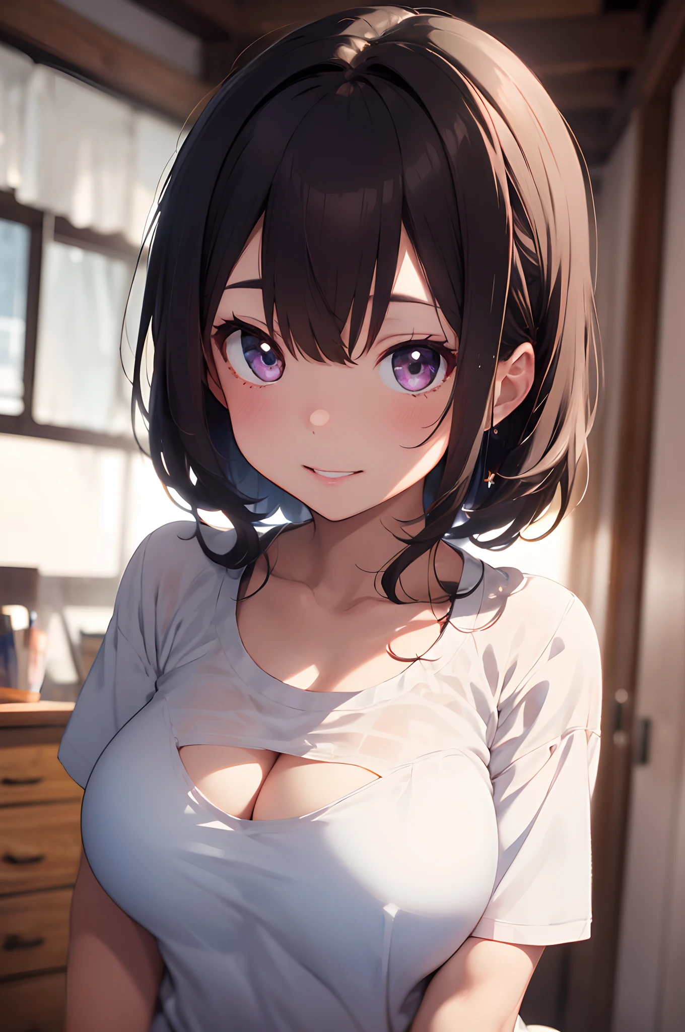 (((Masterpiece))), top quality, super detailed, cute and playful, wedding dress, silver hair, ripping breasts, fluffy hairstyle, elastic breasts, light background, ((Huge breasts)).
BREAK
DETAILED, DENSE, one girl, one girl lying on bed with blanket, smooth skin, glowing skin, glowing hair, clear eyes, glowing eyes, soft lips, pale pink lips, (viewer Looking down: 0. 8) smiling slightly, cheeks stained, shy, bangs, soft skin, glowing skin, cinematic lighting, high angle, low angle, (Realistic: 1.6), (Soft Focus: 1.5), ((ultra-detailed face)), ((deep detailed eyes)), BREAK
(background of kaleidoscope:1.3), backlighting, blurry background, BREAK ((casual t-shirt:1.2)),cleavage cutout, bra, sexy underwear,