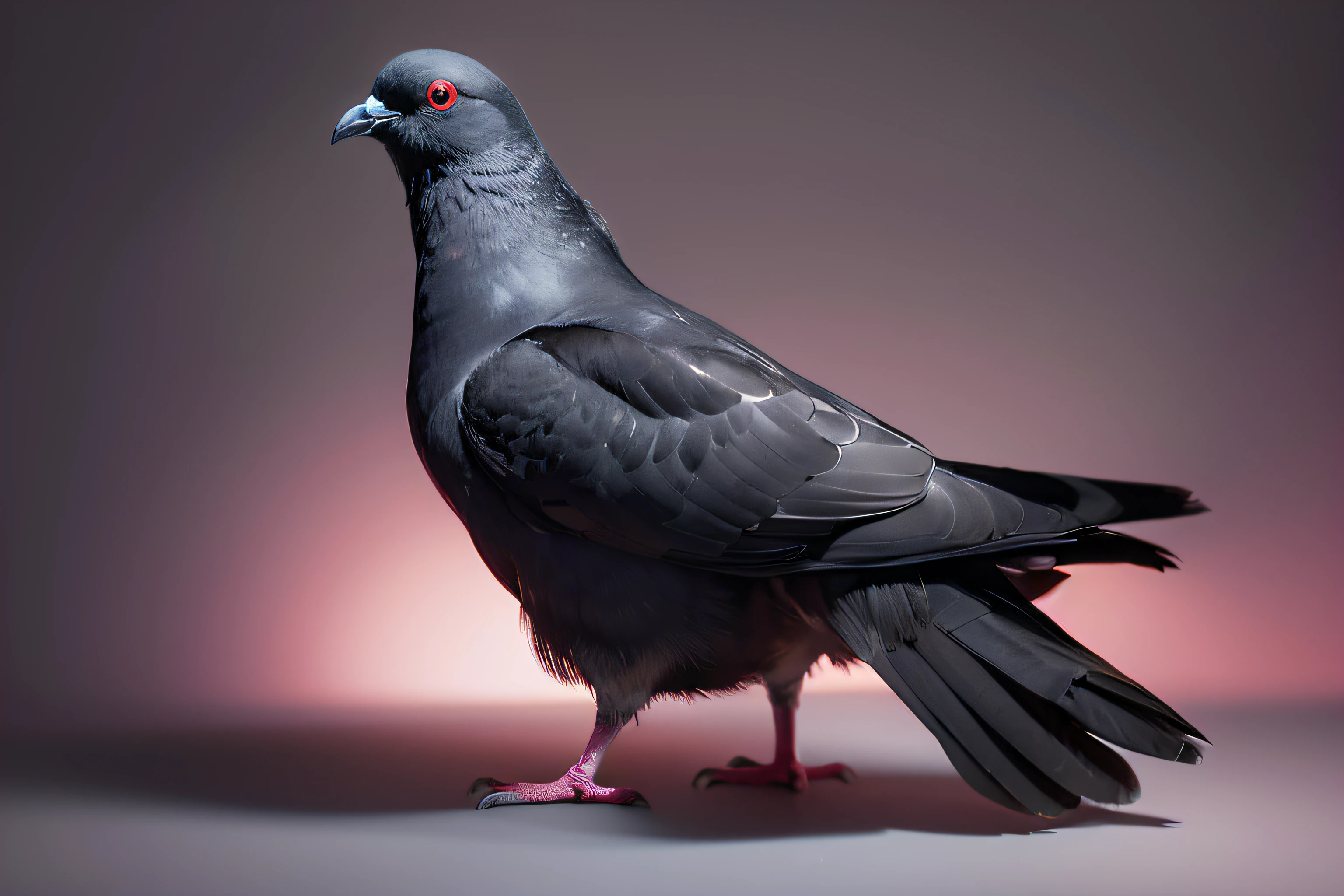 "Generate a highly detailed image of a black pigeon seen from the side, set against a clean white background. The pigeon should have a lustrous sheen on its feathers, illuminated by cinematic lights that cast dramatic shadows. The eyes of the pigeon should be a vivid shade of red, adding an intense and captivating focal point to the image."