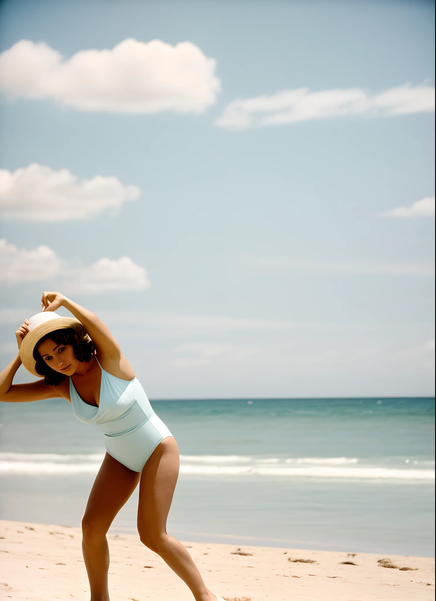 There is a woman in a bathing suit and hat on the beach, Ainda de um filme de Terence Malik, fotografia super 8mm, filmagens antigas, final 1 9 6 0 anos, foto colorida antiga, foto antiga, foto dos anos 70, foto do 7 0 s, fotografia antiga, um filme ainda, film photo from 1970s, Posando