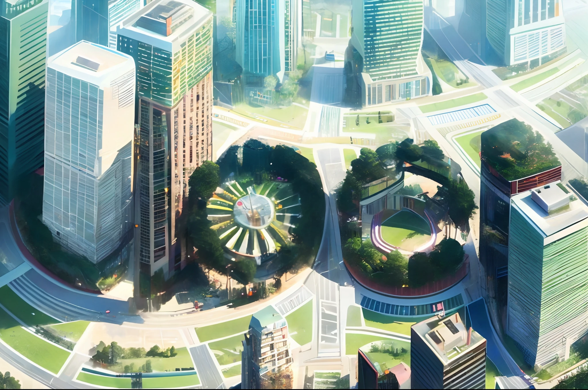 aerial photo of city with many buildings, san francisco in 2080, beautiful city of the future, (traffic), landscape of a future city, in an eco city, city of the future, city environment, downtown solarpunk utopia, anime scenery concept art, bird's eye view of a city, futuristic utopian city