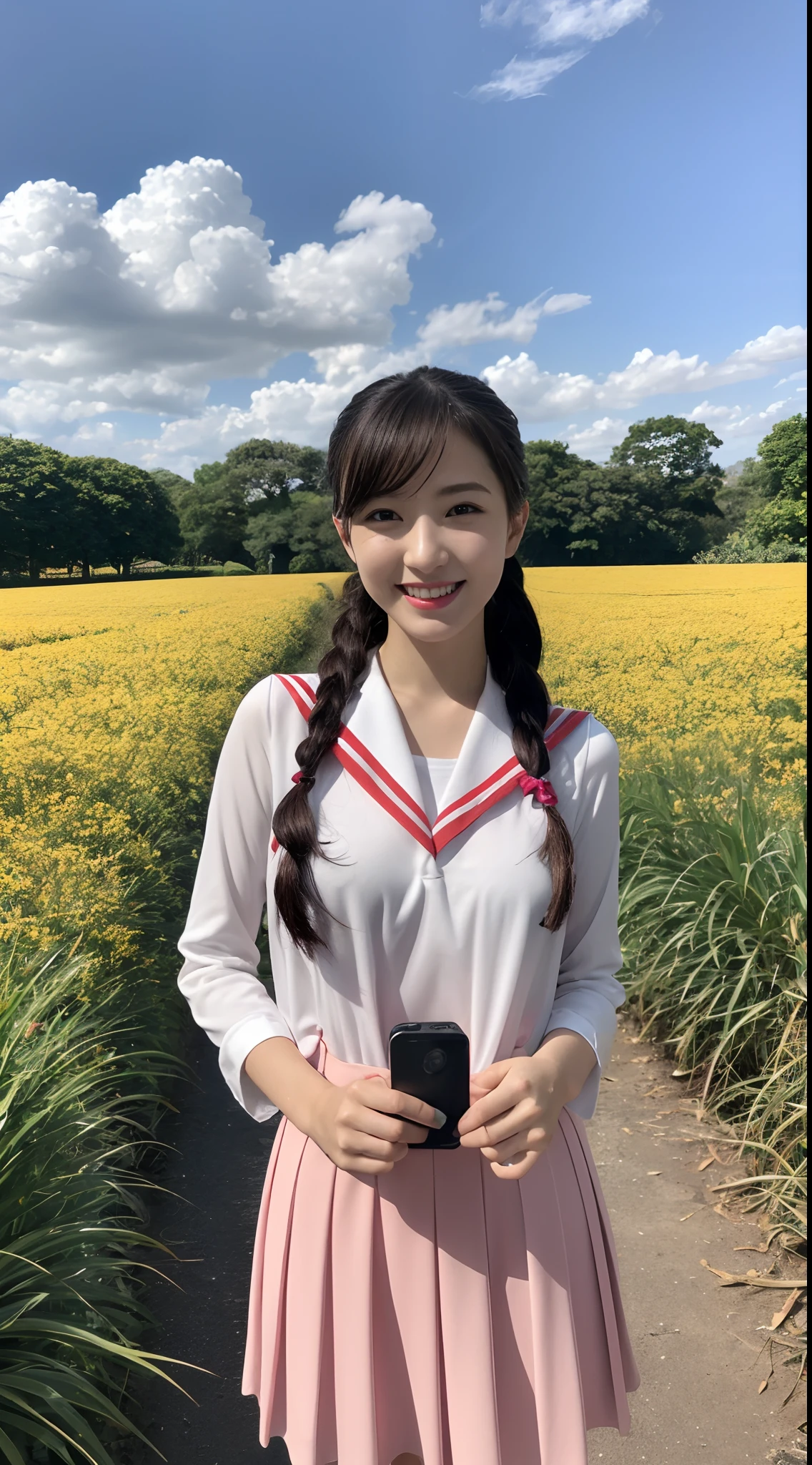 (masutepiece:1.3), (8K, Photorealistic, Raw photography, Best Quality: 1.4), japanse, Beautiful face, (Lifelike face), (Long-haired hair:1.3), Realistic eyes, Beautiful eyes, (realskin), Beautiful skin, Ultra high definition, Hyper-realistic, hight resolution, Beautiful Japan Woman、(Change of clothes:1.5)、small tit、a sailor suit、hi-school girl、cleanness、Pink skin、 Glowing pink skin、Mole、Bright red lipstick、small tits、Small breasts、Slimed、Summer sky、Into the cloud、country road、torii gate、shrines、blue-sky、Laughing twintails、rice fields、summer day