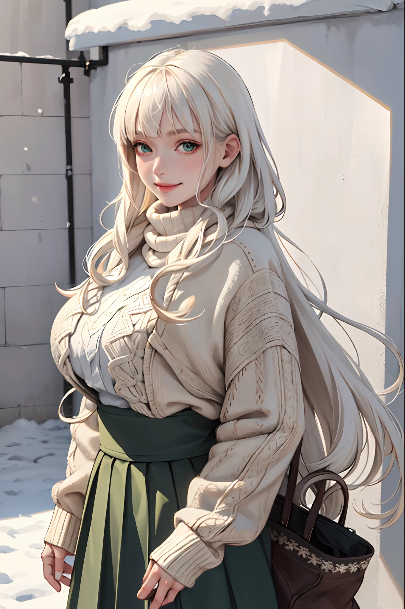 (masterpiece:1.2, best quality), (real picture, intricate details), 1lady, solo, upper body, casual, long hair, minimal makeup, natural fabrics, close-up face, smile, home, long light platinum blonde hair, bangs, green eyes, big breasts, cute winter clothing, cold scenario, winter clothing, pleated skirt, snow.