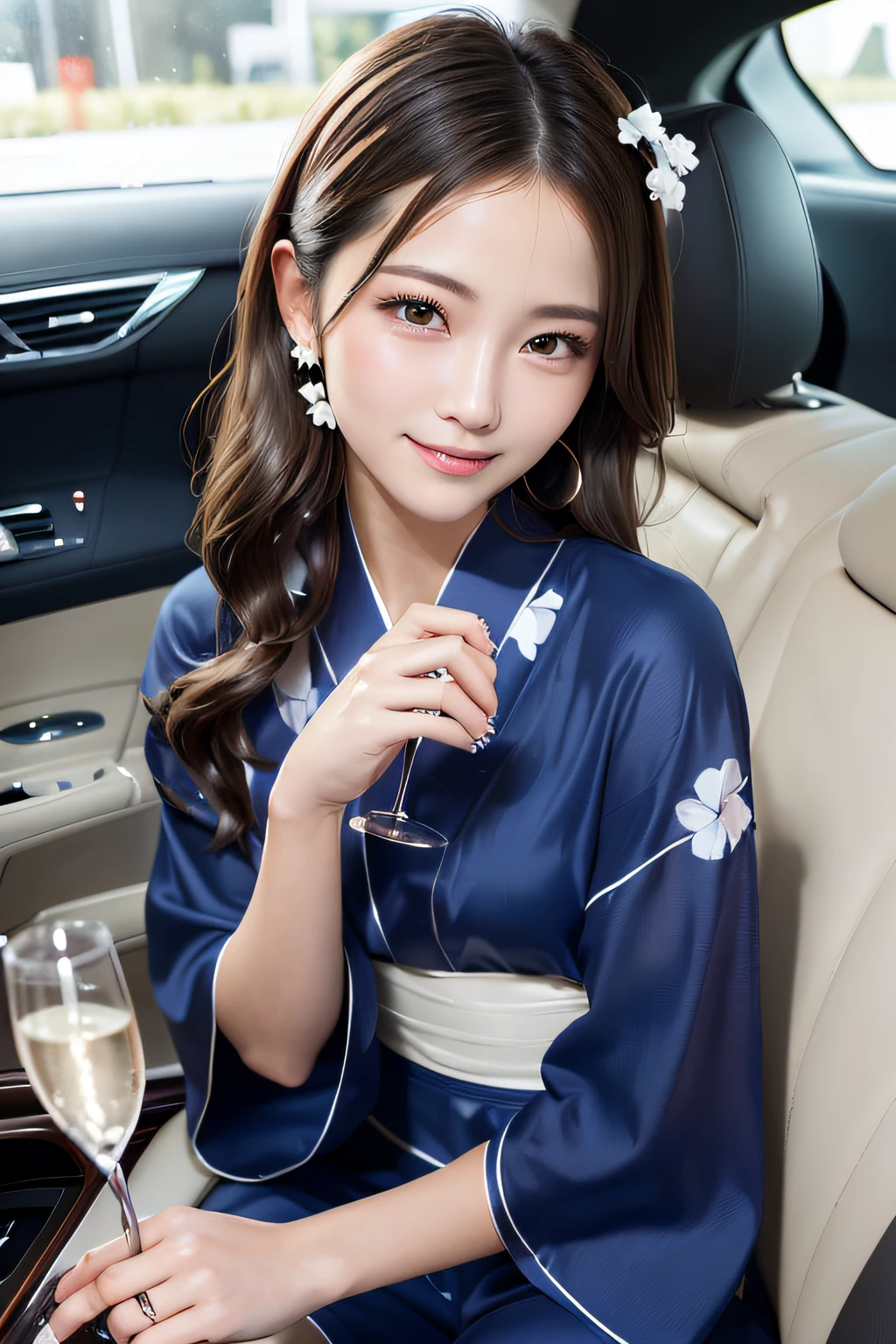 first-person-view, (masterpiece:1.3), high resolution, ultra detailed, extremely detailed CG unity 8k wallpaper, realistic, photo-realistic, RAW photo, beautiful detailed face, pale skin, realistic glistening skin, detailed cloth texture, detailed hair texture, Perfect body, Beautiful Face, accurate, Anatomically correct, Highly detailed face and skin texture, natural neck length, (beautiful hands), (fair skin:1.2), Thin legs, Thin feet, Well-aligned teeth,
BREAK,
Detailed eyes, symmetric eyes, Light Brown eyes, Double eyelids, Thin eyebrows, (Glossy lips:1.4), ((Gently smile:1.2)), (blush:1.1), (A sparkling small hair accessory:1.1),
BREAK,
(A classy and Beautiful girl:1.3), (1 girl, solo), (Wearing A classy navy blue yukata with white flower patterns:1.3),
BREAK,
medium large breasts, slender figure, firm abs, beautiful clavicle, ((updo hairstyle:1.2)), (Dark blonde hair), ((wavy hair, long hair:1.2)),
(Upper body shot:1.2), (looking at viewer), From front,
BREAK,
((Sitting opposite on the luxury seat of a Limousine:1.2)), ((To toast with a champagne glass at Night:1.4)),