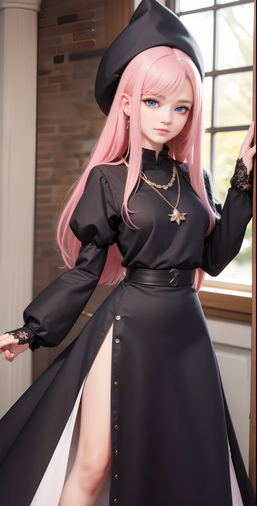 ​masterpiece, top-quality, Adults, different color, finely eye and detailed face, intricate detailes, Wizarding World Costumes, Inside the coffee shop, During the walk, A smile, Happiness, tenderness, youthfulness, high-level image quality、 Beautuful Women、tall、window、𝓡𝓸𝓶𝓪𝓷𝓽𝓲𝓬、Englishman, Idol Photos, k pop, Professional Photos, the witch, Fedoman with necklace, inspired by Sim Sa-jeong, Androgynous witch, :9 detailed face: 8, extra detailed face, detailed punk hair, ((Light blue eyes)) baggy eyes, Seductive. Highly detailed, semi realistic anime, Vampires, hyperrealistic , Delicate androgynous princess, imvu, Woman with long hair, Woman with a gentle expression, ((Woman with pretty long pink hair and light blue eyes)),