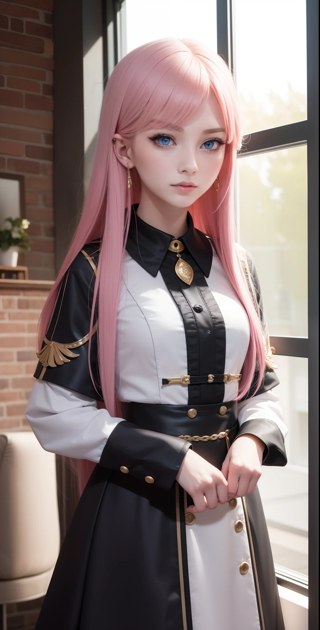 ​masterpiece, top-quality, Adults, different color, finely eye and detailed face, intricate detailes, Wizarding World Costumes, Inside the coffee shop, During the walk, A smile, Happiness, tenderness, youthfulness, high-level image quality、 Beautuful Women、tall、window、𝓡𝓸𝓶𝓪𝓷𝓽𝓲𝓬、Englishman, Idol Photos, k pop, Professional Photos, the witch, Fedoman with necklace, inspired by Sim Sa-jeong, Androgynous witch, :9 detailed face: 8, extra detailed face, detailed punk hair, ((Light blue eyes)) baggy eyes, Seductive. Highly detailed, semi realistic anime, Vampires, hyperrealistic teen, Delicate androgynous princess, imvu, Woman with long hair, Woman with a gentle expression, ((Woman with pretty long pink hair and light blue eyes)),