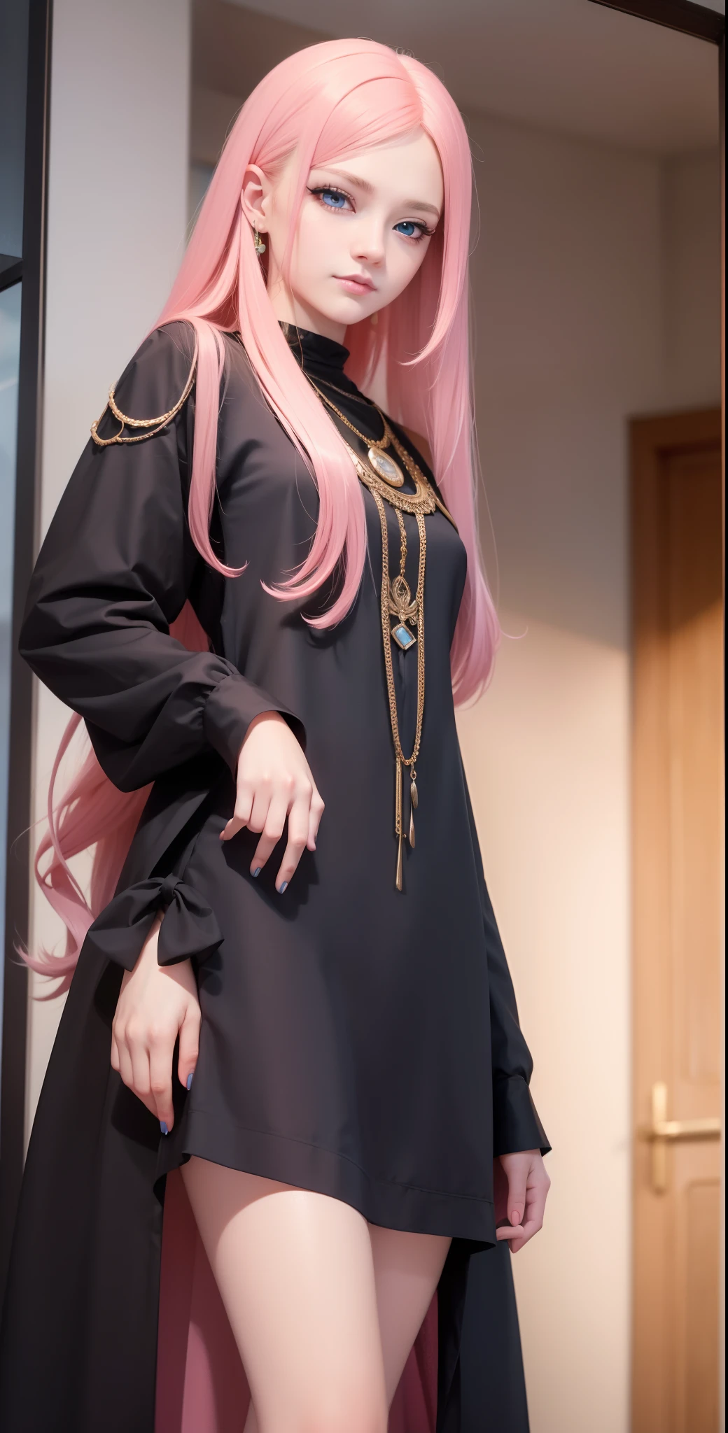 masterpiece, top-quality, Adults, different color, finely eye and detailed face, intricate detailes, Wizarding World Costumes, Inside the coffee shop, During the walk, A smile, Happiness, tenderness, youthfulness, high-level image quality、 Beautuful Women、tall、window、𝓡𝓸𝓶𝓪𝓷𝓽𝓲𝓬、Englishman, Idol Photos, k pop, Professional Photos, the witch, Fedoman with necklace, inspired by Sim Sa-jeong, Androgynous witch, :9 detailed face: 8, extra detailed face, detailed punk hair, ((Light blue eyes)) baggy eyes, Seductive. Highly detailed, semi realistic anime, Vampires, hyperrealistic teen, Delicate androgynous princess, imvu, Woman with long hair, Woman with a gentle expression, ((Woman with pretty long pink hair and light blue eyes)),