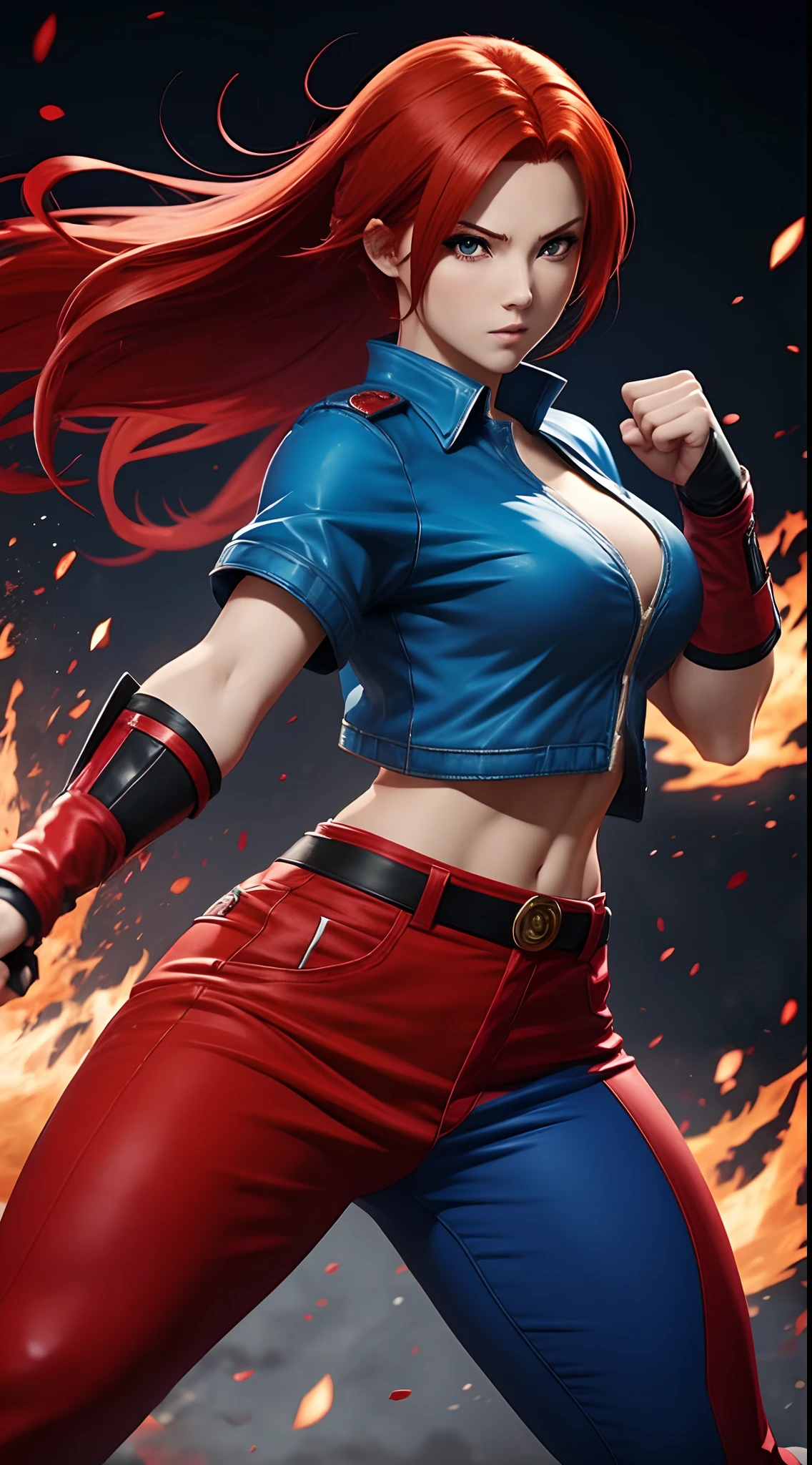 anime character with red hair and blue pants posing for a picture, fighting game character, fighting stance, character from king of fighters, she is ready to fight, powerful stance, fighter pose, female protagonist anime style character