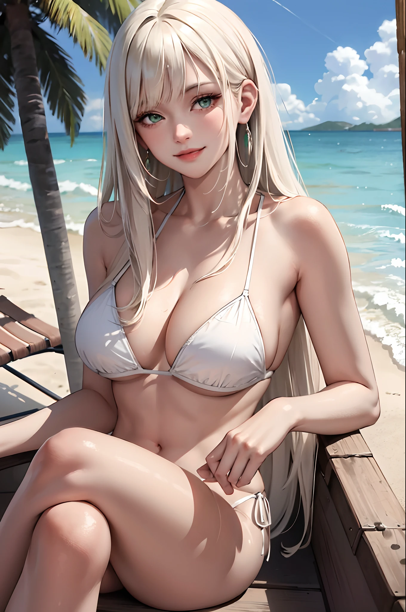 (masterpiece:1.2, best quality), (real picture, intricate details), 1lady, solo, upper body, casual, long hair, minimal makeup, natural fabrics, close-up face, smile, home, long light platinum blonde hair, bangs, green eyes, big breasts, beach, beach setting, bikini, fun, hot, sand, water.