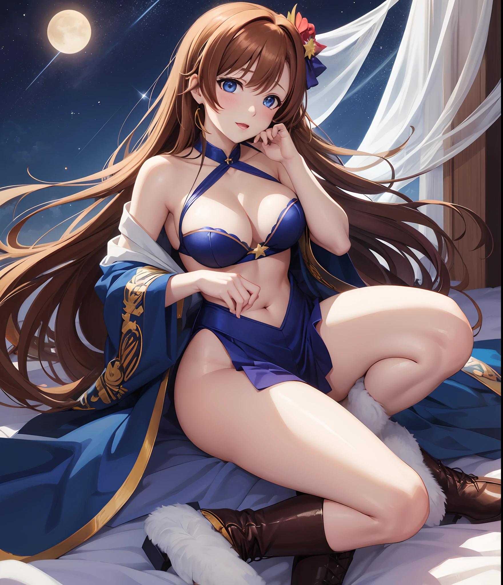 Kousaka honoka, blue eyes, masterpiece, best quality, (1girl:0.999), (breasts:0.959), (cleavage:0.939), (long hair:0.939), (hair ornament:0.932), (thighhighs:0.904), (boots:0.893), (strapless:0.838), (shorts:0.836), (thicc body), (large breasts:0.720), (collarbone:0.683), (flower:0.646), (cuffs:0.581), (closed mouth:0.571), (weapon:0.556), (holding:0.542), (garter straps:0.508), (hair flower:0.508), llchar, Night, sky, stars, sexy, sexual arousal, sexualised