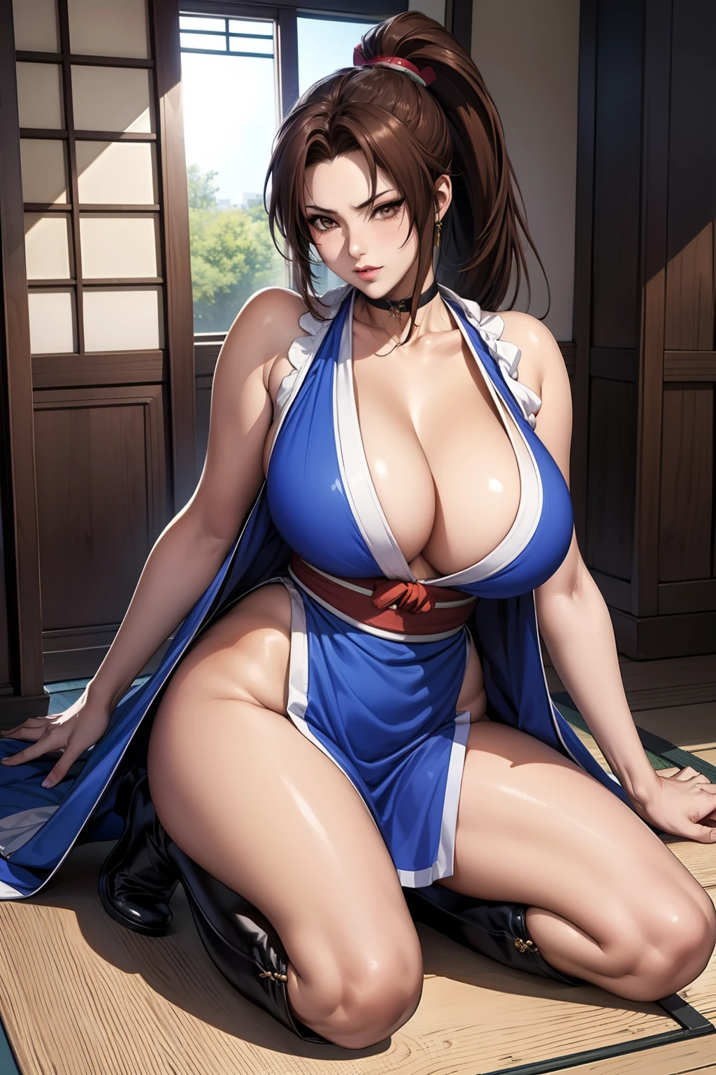 Blue Dress, Sleeveless,  ((mai shiranui:1.2)), Bare shoulders, Brown hair, Brown eyes, Long high ponytail, hair tie, makeup, 1 persons、25-years old, Japan mature woman, Beautiful Finger, Beautiful long legs, Beautiful body, Beautiful nose, Beautiful character design, Perfect eyes, Perfect face, Jewelry, See-through, Looking at Viewer, Hair Ornament,  Choker, Shy, The King of Fighters,
(masutepiece, of the highest quality, Best Quality, Official art, Beautiful and aesthetic: 1.2, Extremely detailed, more detailed,
(Large breasts:1.2,) , Floating skirt,
Cyberpunk Little Tokyo Area, full body photographed:1.2、Knee high long boots with pin heel,is standing