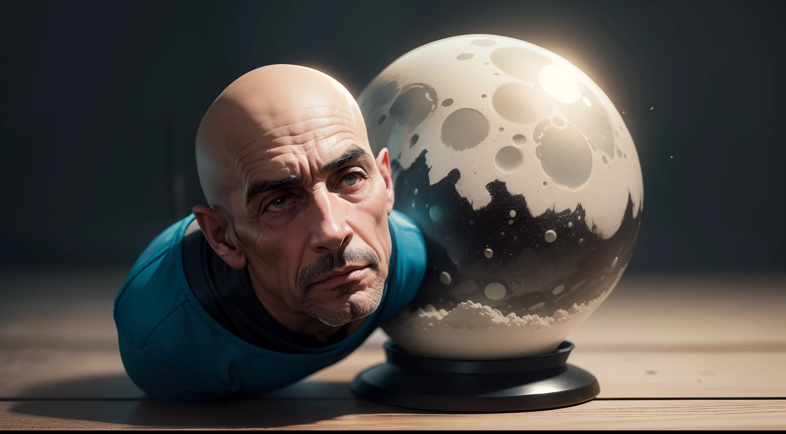 homem careca realista, trabalhando sentado com papeis, dentro de uma capsula lunar