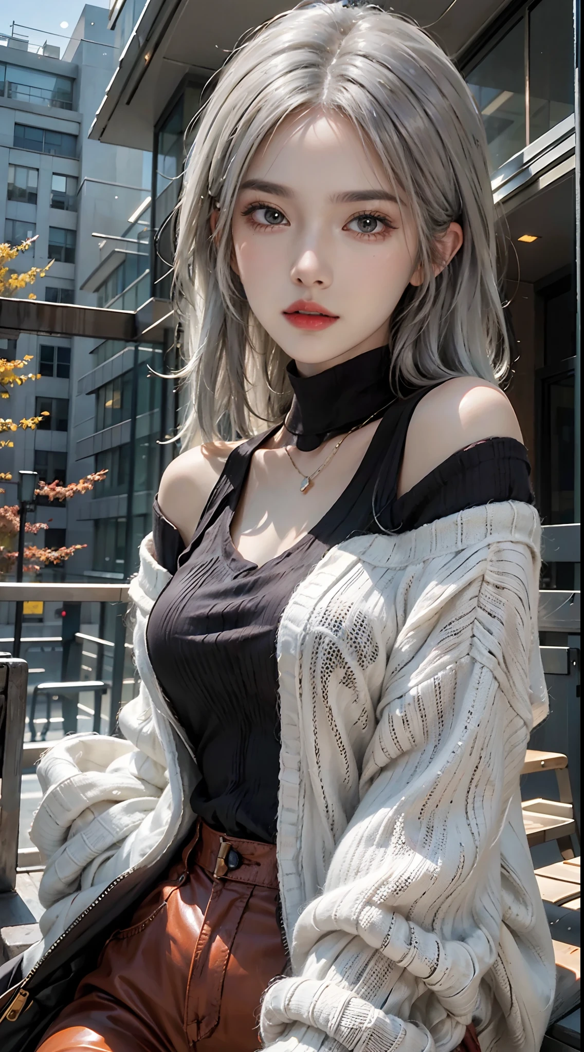 Look up,demi-corps,OriginalPhoto,At the empty table,Drink lemon juice,Burgundy leather coat,Exposed shoulder,silverlong hair,Lace,Gray hair