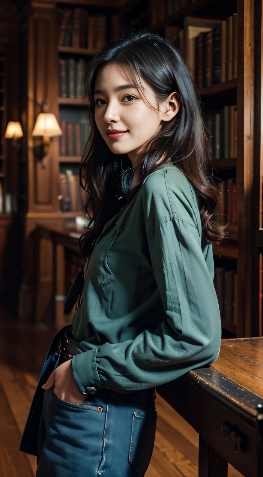 Full body photo of pretty woman。Wearing the green MA1。The inner shirt is white。Pants are denim jeans。Hair is black。cheeks are slightly pink。Transparent skin。A smile that makes you feel innocent、Engage your audience。 Her eyes with、Illuminated by soft light。Her skin is shiny and shiny、Glossy、Glossy、Glossy、Glossy、Glossy、Glossy、Glossy、、Bring out the beauty of nature。Loose and fluffy bob hairstyle、Hair swaying in the wind makes her charm even more pronounced.。(makeups:0.4)、(fluffy black eyes:1.21)、Black eyes、Studying。Focus on books、dark brown hair、Social media and profile pages、Park Gyu-young, female actress from korea, Cute Korean Actress。top-quality、masterpiece、extremely delicate and beautiful、ighly detailed、8K wallpapers、astonishing、finely detail、huge filesize、ighly detailed、hight resolution、extremely detailed eye and face、 Stunning detailed eyes、Facial light、(The best illustrations:1.1)、超A high resolution、(Photorealsitic:1.1)、(Photorealistic 1.2:1.1)、Realistic facial proportions、Slimed、A smile、(Irregular irregular skin defects、vein、Wrinkled pores on the skin:1.2)、(Library Background: 1.2)、Library Photos。Studying。(((Steampunk Library))) Multiple levels and elf-influenced interiors. The ornate library is a magnificent and awe-inspiring color、It is a saturated color, Sharp Focus, And a fantasy steampunk atmosphere. Library Tree、Must be a very dense cherry tree with golden copper accents. Includes stained glass and beautiful books. Use many small details、Enhances the fantasy aura of the image. The book is very detailed and、、Must be different colors and different sizes. Use ambient lighting to create dramatic effects、Creates visual interest and depth of field. Include lots of copper detail and polished fixtures. intimate, Still magnificent and impressive. Hires, 8K, hyper realisitic, Extremely detailed, Ultra-detailed, Cool steampunk accents. camera: Wide shot showing multiple levels, Lots of bookshelves, Steampunk staircase and airship. In the style of the journey Stanislav Vovchuk and Beeple. Lighting: Warm lighting