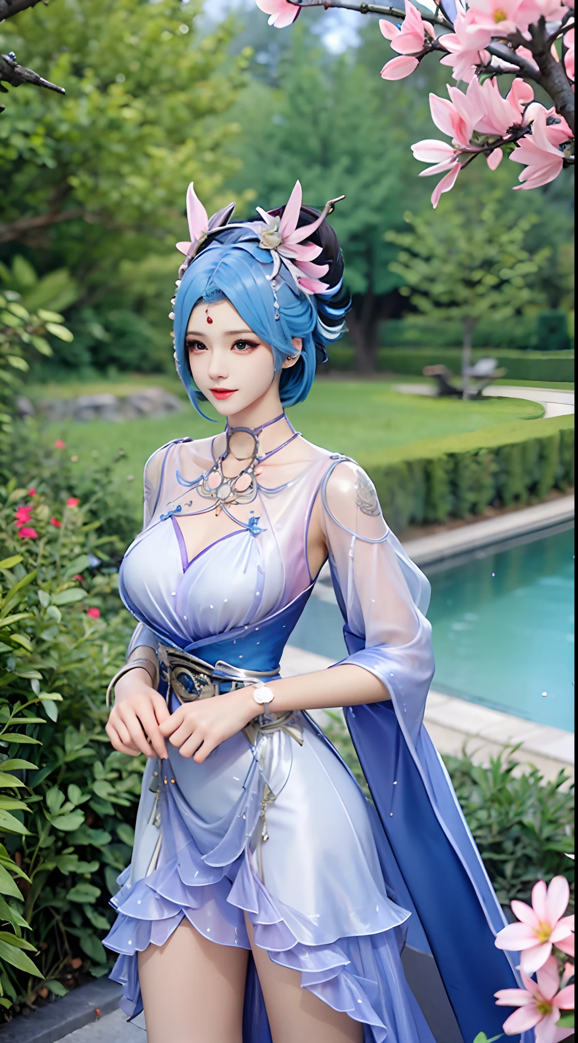 Girl, fine eyes (indigo 1:0), long hair (silver 1:0), big breasts, top of head (dragon horns 1:1), 8k, thin waist, dragon wings growing from behind, (silver dragon wings) hips ( Dragon tail), extreme detail, increased detail, upper body, pool (hot spring treatment), front light, cinematic lighting, blurred background, kimono, cleavage,