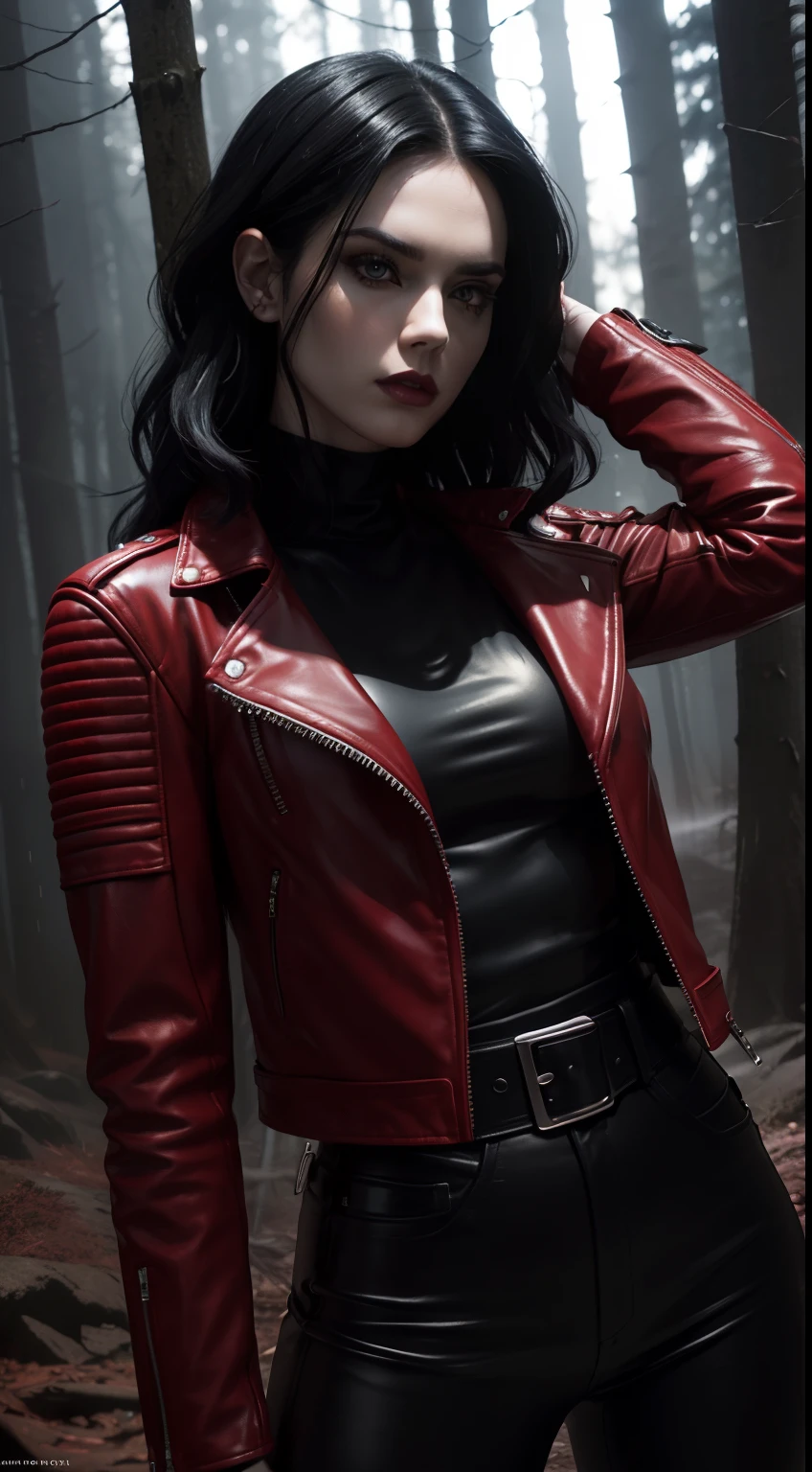 (Selene from Underworld wearing red leather jacket and black leather pants), (bob wavy black hair), (pale skin), (serious face), (forest at night background), waist up shot, dynamic angle shot, dynamic pose, ambient lighting, photo realism, intricate face detail, intricate hand details, highly detailed, vibrant colors, cinematic, high definition, trending on Artstation--style raw