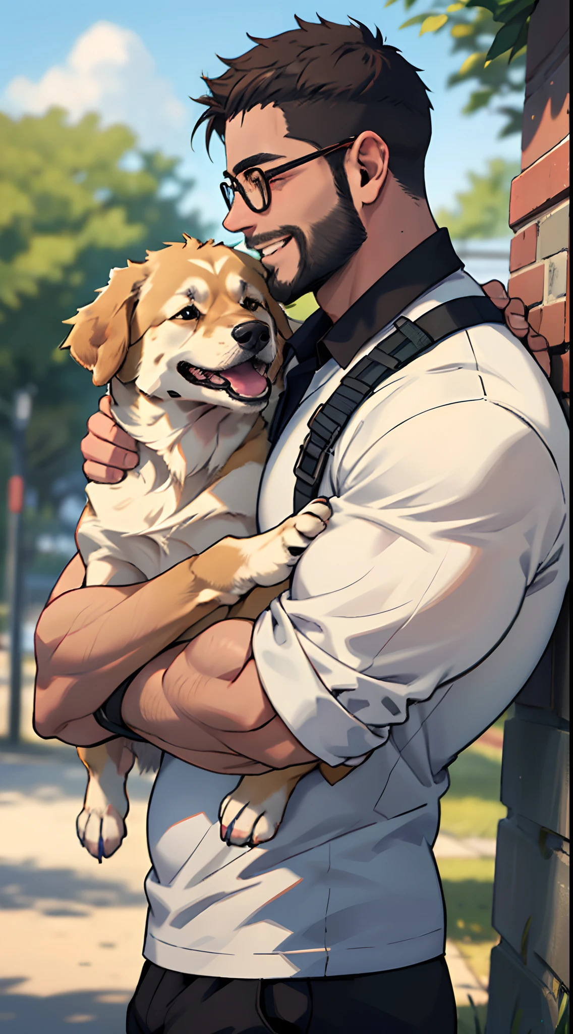a man with a beard and a golden retriever dog, the man wearing glasses, green tanktop, in a dog's park, the man carrying and hugging the dog, the high well detailed, face focus, happy smile, happy dog, heart-warming, seen from the side