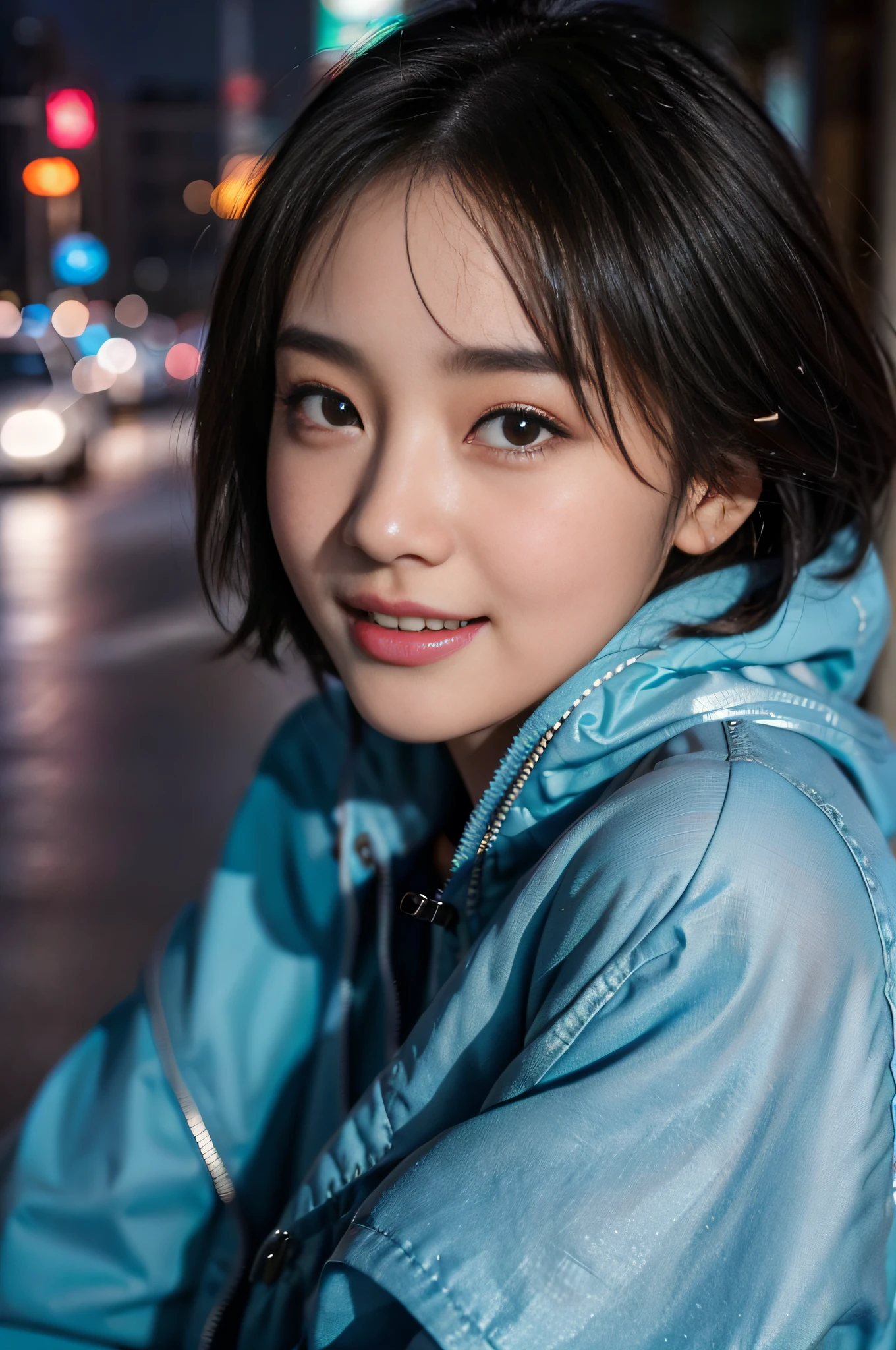 Full body photo of pretty woman。Wear a light blue coat。The inner shirt is white。Pants Denim Jeans。Hair is black。cheeks are slightly pink。Transparent skin。A smile that makes you feel innocent、Engage your audience。 Her eyes with、Illuminated by soft light。Her skin is shiny and shiny、Glossy、Bring out the beauty of the city at night。Loose and fluffy bob hairstyle、Hair swaying in the wind makes her charm even more pronounced.。(makeups:0.4)、(fluffy black eyes:1.21)、Black eyes、Look at viewers、dark brown hair、Social media and profile pages、Park Gyu-young, female actress from korea, Cute Korean Actress。top-quality、masterpiece、extremely delicate and beautiful、ighly detailed、8k wallpaper、astonishing、finely detail、huge filesize、ighly detailed、hight resolution、extremely detailed eye and face、 Stunning detailed eyes、Facial light、(The best illustrations:1.1)、超A high resolution、(Photorealsitic:1.1)、(Photorealistic 1.2:1.1)、Realistic facial proportions、Slimed、A smile、(Irregular irregular skin defects、vein、Wrinkled pores on the skin:1.2)、Skyscraper background。