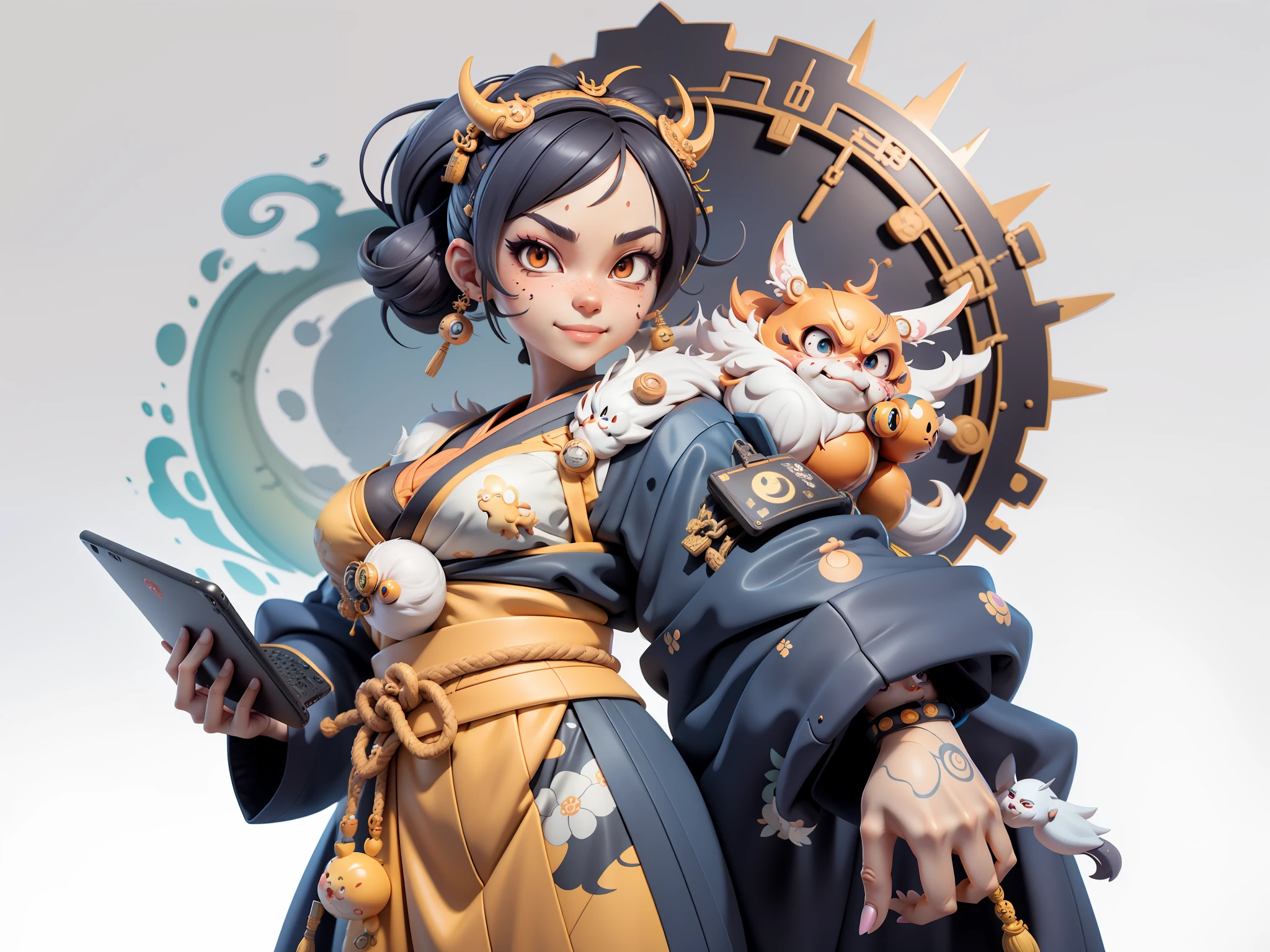 (Daisaku),(Need),(Super meticulous),(full bodyesbian:1.2),Japanese ukiyo-e girl，japanese geisha，Beautiful，Oriental dragon，Aeolian Thor，Raised sexy，爆乳，Oriental face，TV Anchor，Bust portrait illustration，Alone，In black suit，a blue tie，The face is slightly chubby，The face was clean，without a beard，Black super short hair，Black eyes，Smile confidently，3C computer sub-products，iPad， iphone，Digital painting，3D character design by Mark Clairen and Pixar and Hayao Miyazaki and Akira Toriyama，The illustration is a high-definition illustration in 4K resolution，With very detailed facial features and cartoon-style visuals。