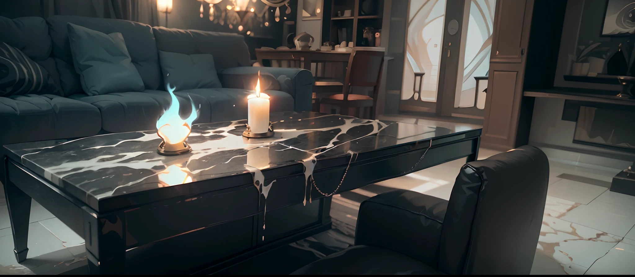 Masterpiece, best quality, 8k, high detail, hyper-detail, open plan layout living room, blue candlelight, 1lady, (black robe with hood), blue eye shadow and blush, (silver chain, white crystal pendant on wrist), unlit chandelier, leather sofa, with one main piece and two sides, (marble coffee table), (blue candle fire), semi-open layout of living room, dining room, kitchen, candlelight projecting creepy colors