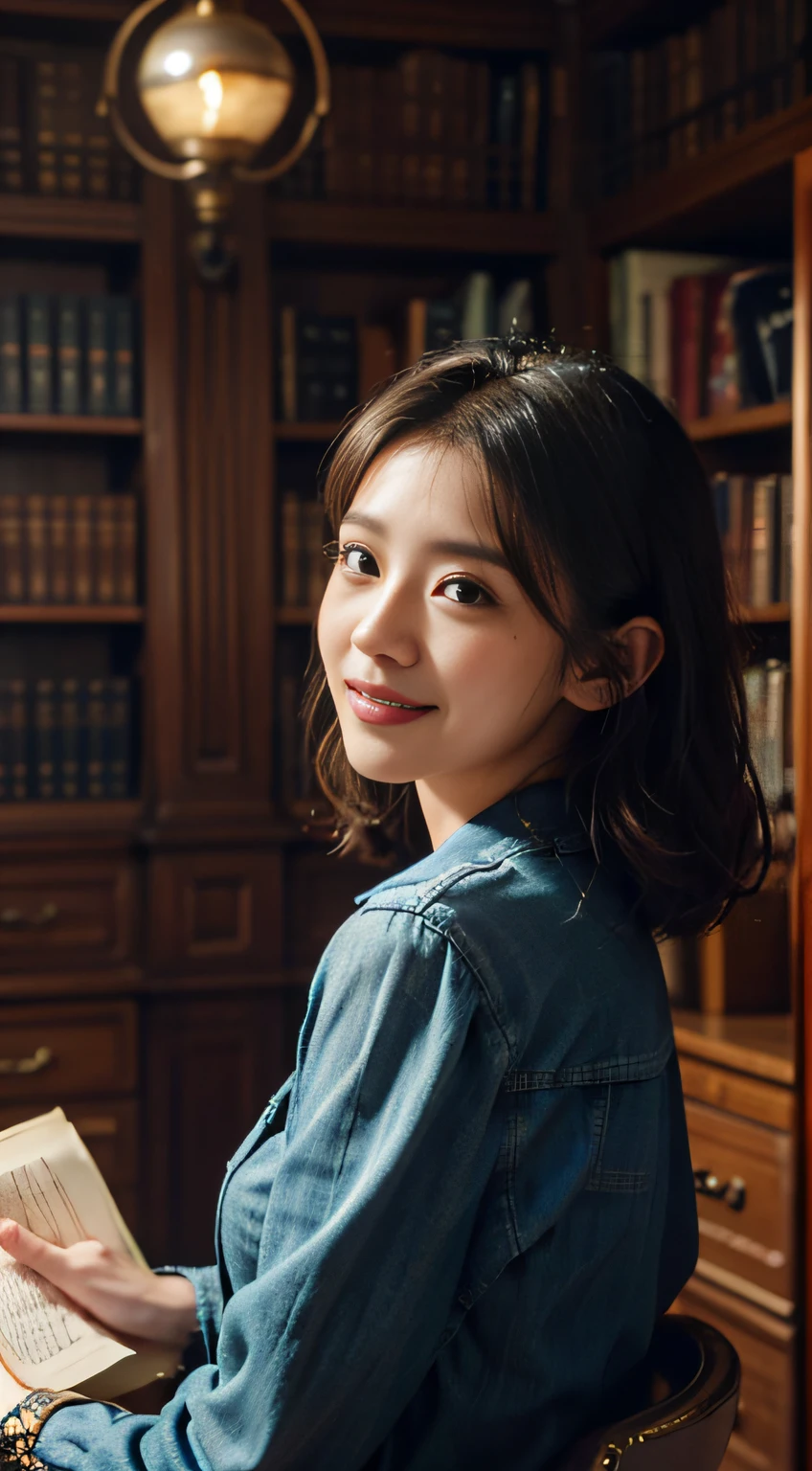 Full body photo of pretty woman。Wearing the green MA1。The inner shirt is white。Pants are denim jeans。Hair is black。cheeks are slightly pink。Transparent skin。A smile that makes you feel innocent、Engage your audience。 Her eyes with、Illuminated by soft light。Her skin is shiny and shiny、Glossy、Glossy、Glossy、Glossy、Glossy、Glossy、Glossy、、Bring out the beauty of nature。Loose and fluffy bob hairstyle、Hair swaying in the wind makes her charm even more pronounced.。(makeups:0.4)、(fluffy black eyes:1.21)、Black eyes、Studying。Focus on books、dark brown hair、Social media and profile pages、Park Gyu-young, female actress from korea, Cute Korean Actress。top-quality、​masterpiece、extremely delicate and beautiful、ighly detailed、8K wallpapers、astonishing、finely detail、huge filesize、ighly detailed、hight resolution、extremely detailed eye and face、 Stunning detailed eyes、Facial light、(The best illustrations:1.1)、超A high resolution、(Photorealsitic:1.1)、(Photorealistic 1.2:1.1)、Realistic facial proportions、Slimed、A smile、(Irregular irregular skin defects、vein、Wrinkled pores on the skin:1.2)、(Library Background: 1.2)、Library Photos。Studying。(((Steampunk Library))) Multiple levels and elf-influenced interiors. The ornate library is a magnificent and awe-inspiring color、It is a saturated color, Sharp Focus, And a fantasy steampunk atmosphere. Library Tree、Must be a very dense cherry tree with golden copper accents. Includes stained glass and beautiful books. Use many small details、Enhances the fantasy aura of the image. The book is very detailed and、、Must be different colors and different sizes. Use ambient lighting to create dramatic effects、Creates visual interest and depth of field. Include lots of copper detail and polished fixtures. intimate, Still magnificent and impressive. Hires, 8K, hyper realisitic, Extremely detailed, Ultra-detailed, Cool steampunk accents. camera: Wide shot showing multiple levels, Lots of bookshelves, Steampunk staircase and airship. In the style of the journey Stanislav Vovchuk and Beeple. Lighting: Warm lighting