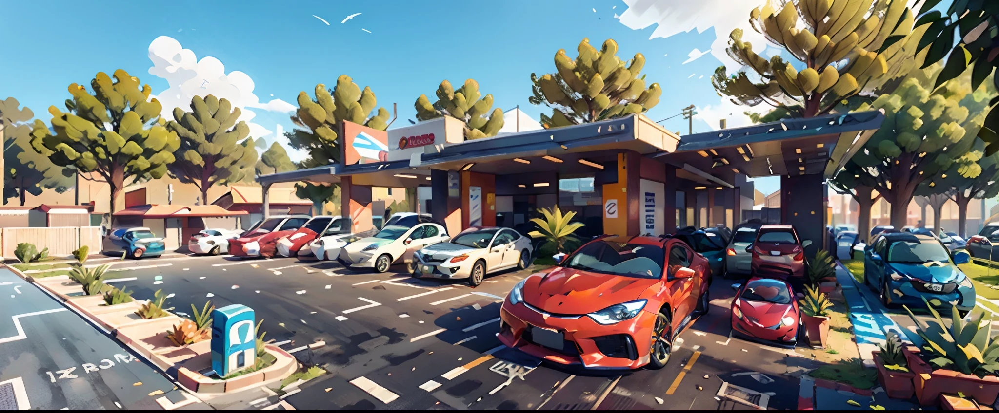 rendering of a car park with a lot of cars parked in front of it, gas station, vue 3d render, front perspective, vue render, transportation design render, v-ray render, v - ray render, artistic render, rendered in lumion pro, cg rendering, render, lumion render, render in vray, enscape render, d render