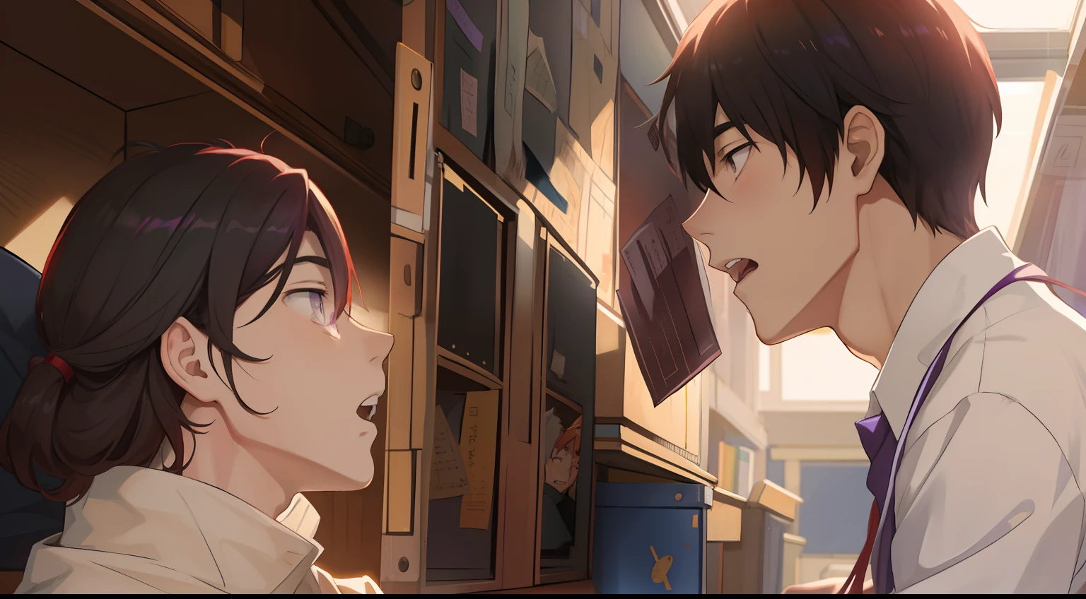 A -yeld reaired boy, purple skin, He's in the classroom telling his best friend a sad story....