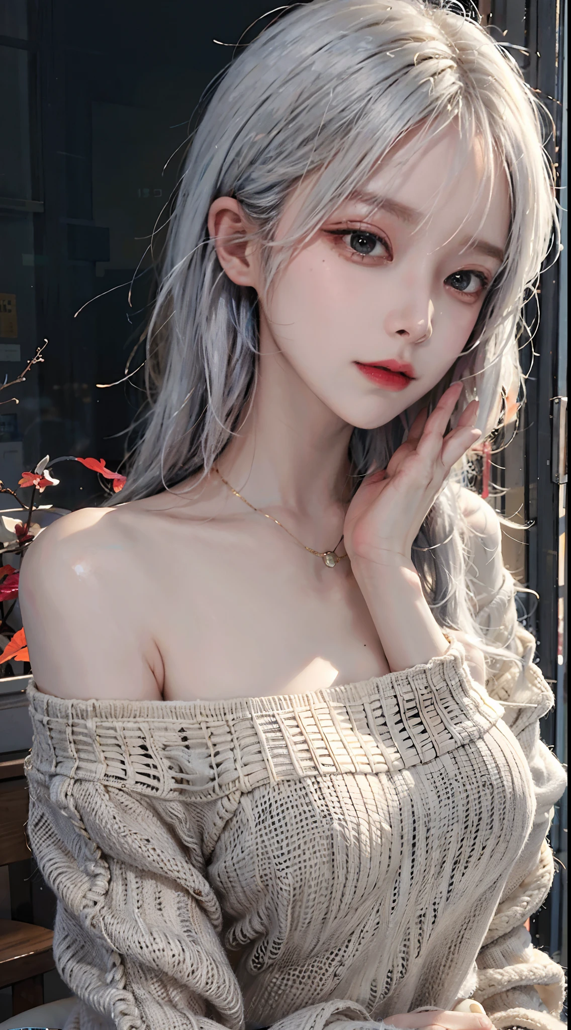 mid-shot, a beautiful woman looking into camera, white hair, off shoulder sweater by Chris Foss autumn lights