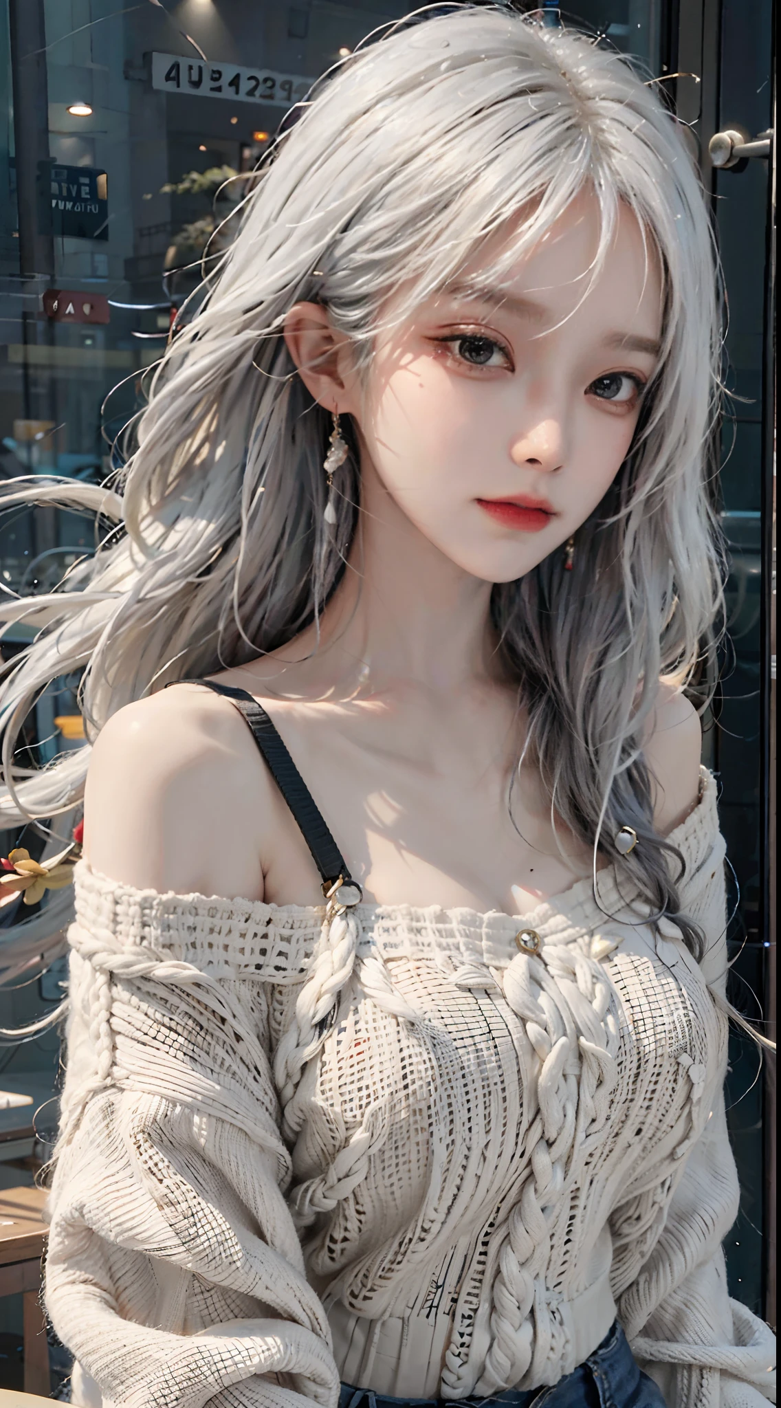 mid-shot, a beautiful woman looking into camera, white hair, off shoulder sweater by Chris Foss autumn lights
