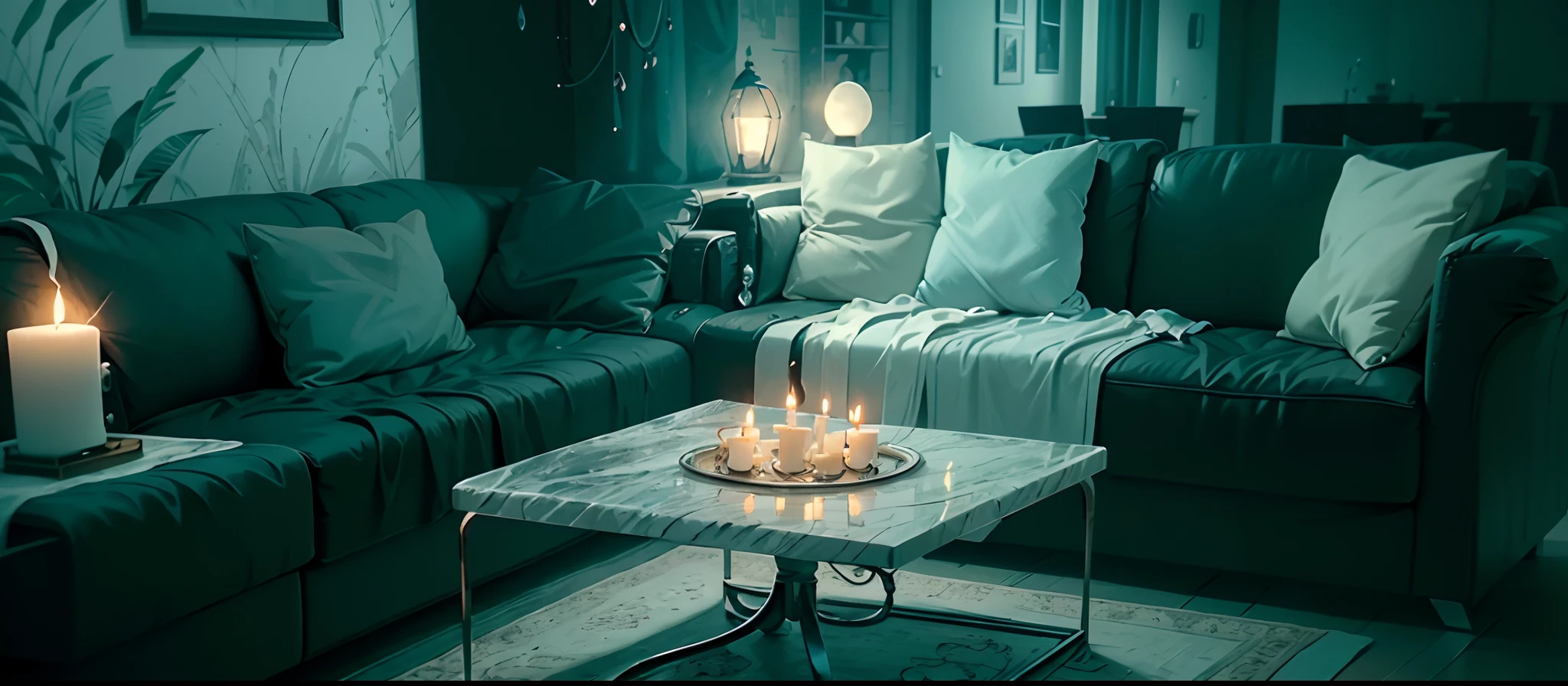 Masterpiece, best quality, 8k, high detail, hyper-detail, open plan layout living room, blue candlelight, 1lady, (black robe with hood), blue eye shadow and blush, (silver chain, white crystal pendant on wrist), unlit chandelier, leather sofa, with one main piece and two sides, (marble coffee table), (blue candle fire), semi-open layout of living room, dining room, kitchen, candlelight projecting creepy colors