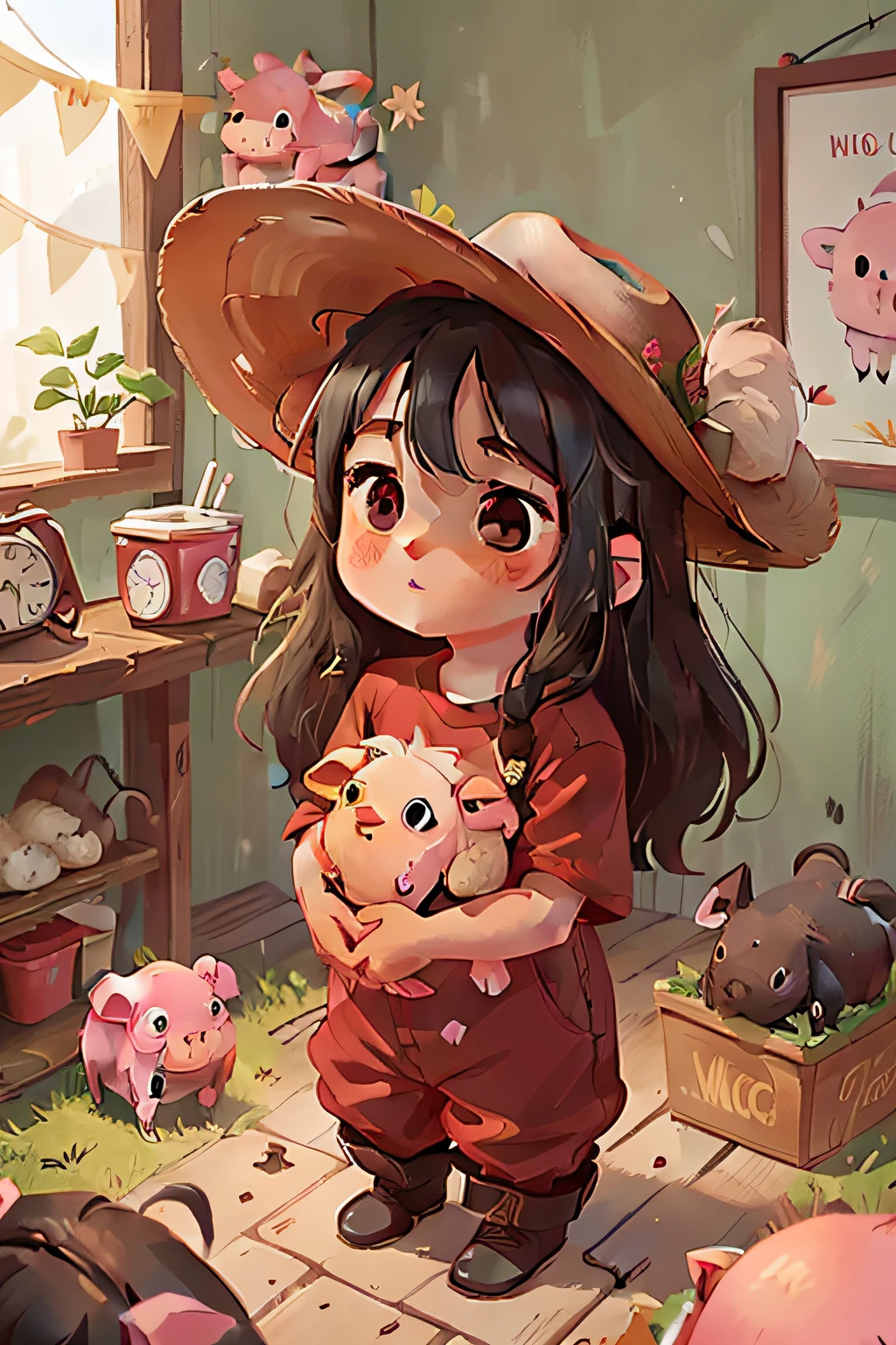 Girl, age 10, with long black hair, vibrant brown eyes, wearing jumpsuit, cowboy boots, cowboy hat and red T-shirt, happy next to a cute sheep and a cute pig, pig hairless