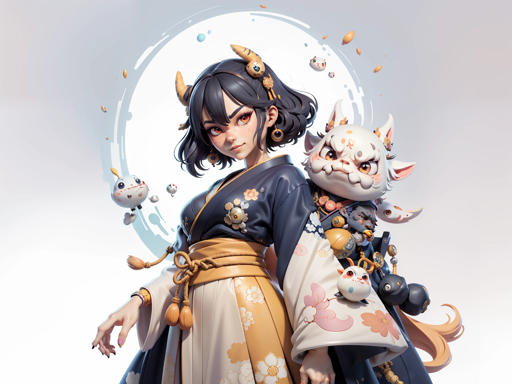 (Daisaku),(Need),(Super meticulous),(full bodyesbian:1.2),Japanese ukiyo-e girl，japanese geisha，Beautiful，Oriental dragon，Aeolian Thor，Raised sexy，爆乳，Oriental face，TV Anchor，Bust portrait illustration，Alone，In black suit，a blue tie，The face is slightly chubby，The face was clean，without a beard，Black super short hair，Black eyes，Smile confidently，3C computer sub-products，iPad， iphone，Digital painting，3D character design by Mark Clairen and Pixar and Hayao Miyazaki and Akira Toriyama，The illustration is a high-definition illustration in 4K resolution，With very detailed facial features and cartoon-style visuals。