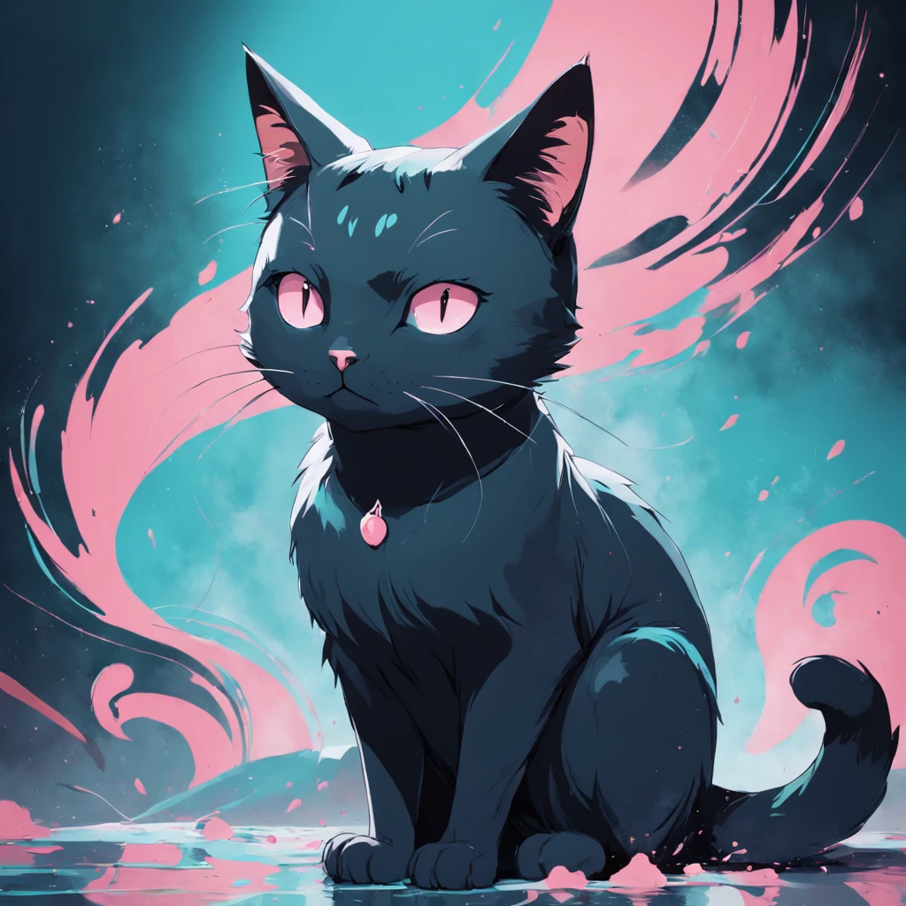 Cat in art, Main color Black, Secondary color cyan, Pastel pink background, artistic, Sophisticated, Warm style, Shapes include abstract cats, Playful forms, Elegant piece, Textures include fur textures, Smooth paint, Fabric texture, The lines contain graceful lines, Natural curves, Delicate silhouette, The shape is elegant, approachable, Expressive, Aesthetic.