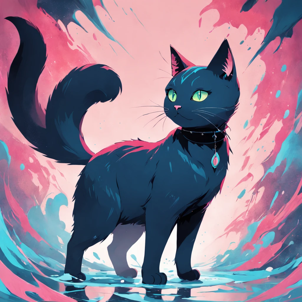 Cat in art, Main color Black, Secondary color cyan, Pastel pink background, artistic, Sophisticated, Warm style, Shapes include abstract cats, Playful forms, Elegant piece, Textures include fur textures, Smooth paint, Fabric texture, The lines contain graceful lines, Natural curves, Delicate silhouette, The shape is elegant, approachable, Expressive, Aesthetic.