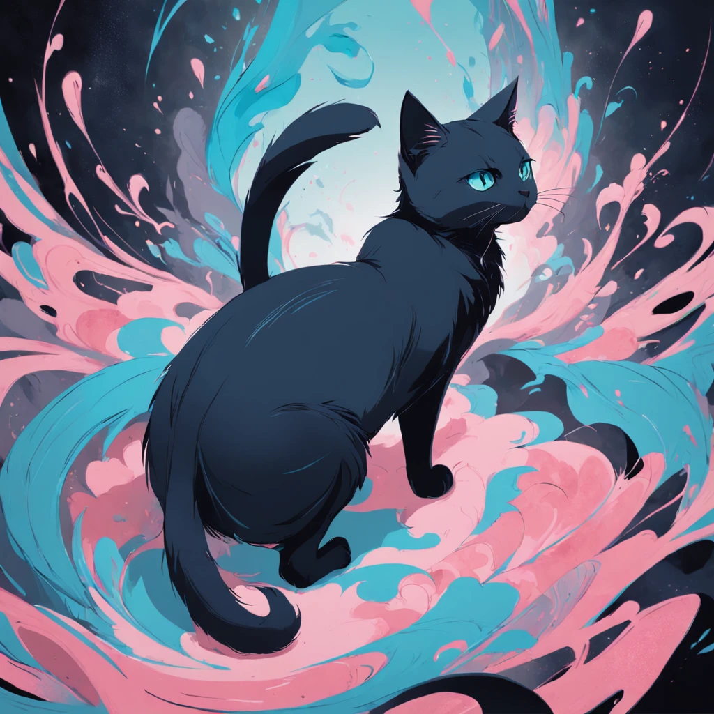 Cat in art, Main color Black, Secondary color cyan, Pastel pink background, artistic, Sophisticated, Warm style, Shapes include abstract cats, Playful forms, Elegant piece, Textures include fur textures, Smooth paint, Fabric texture, The lines contain graceful lines, Natural curves, Delicate silhouette, The shape is elegant, approachable, Expressive, Aesthetic.