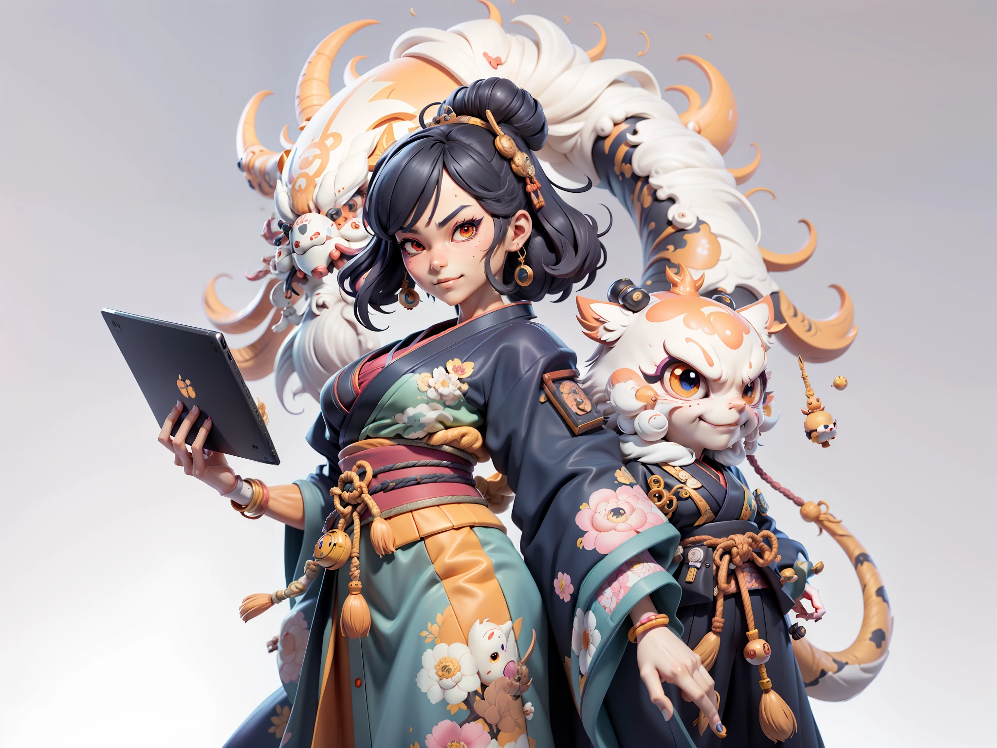(Daisaku),(Need),(Super meticulous),(full bodyesbian:1.2),Japanese ukiyo-e girl,japanese geisha,Beautiful,Oriental dragon,Aeolian Thor,Raised sexy,爆乳,Oriental face,TV Anchor,Bust portrait illustration,Alone,In black suit,a blue tie,The face is slightly chubby,The face was clean,without a beard,Black super short hair,Black eyes,Smile confidently,3C computer sub-products,iPad, iphone,Digital painting,3D character design by Mark Clairen and Pixar and Hayao Miyazaki and Akira Toriyama,The illustration is a high-definition illustration in 4K resolution,With very detailed facial features and cartoon-style visuals。