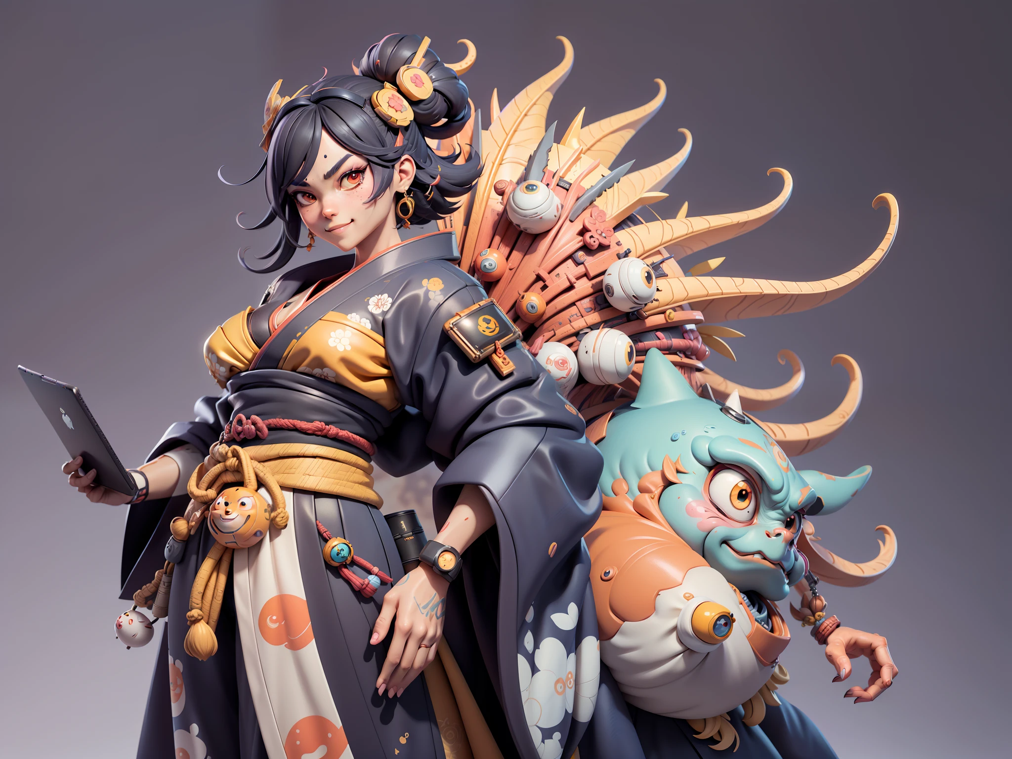 (Daisaku),(Need),(Super meticulous),(full bodyesbian:1.2),Japanese ukiyo-e girl,japanese geisha,Beautiful,Oriental dragon,Aeolian Thor,Raised sexy,爆乳,Oriental face,TV Anchor,Bust portrait illustration,Alone,In black suit,a blue tie,The face is slightly chubby,The face was clean,without a beard,Black super short hair,Black eyes,Smile confidently,3C computer sub-products,iPad, iphone,Digital painting,3D character design by Mark Clairen and Pixar and Hayao Miyazaki and Akira Toriyama,The illustration is a high-definition illustration in 4K resolution,With very detailed facial features and cartoon-style visuals。