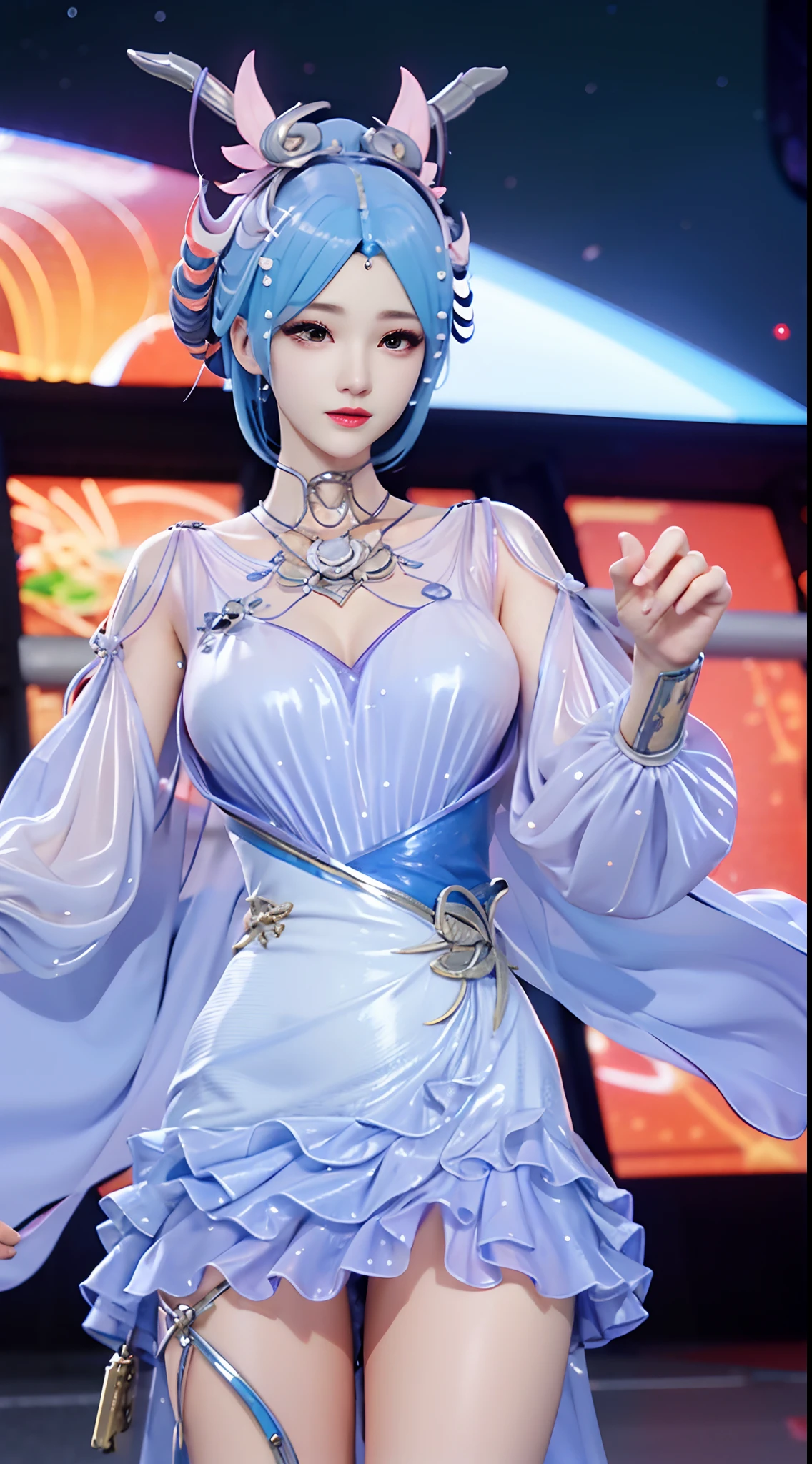 White hair　a short bob　Beautiful breasts　qipao dress