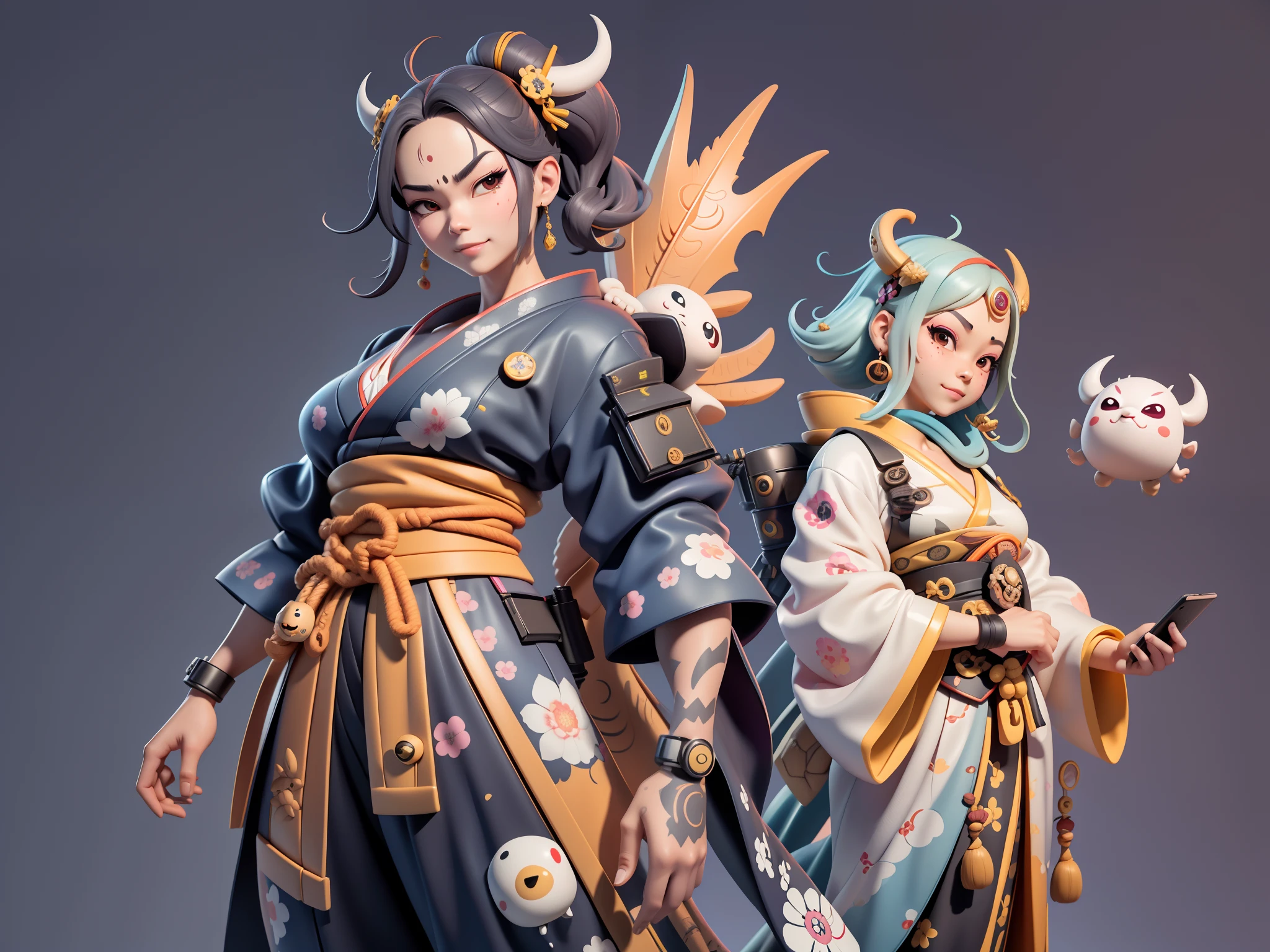 (Daisaku),(Need),(Super meticulous),(full bodyesbian:1.2),Japanese ukiyo-e girl，japanese geisha，Beautiful，Oriental dragon，Aeolian Thor，Raised sexy，爆乳，Oriental face，TV Anchor，Bust portrait illustration，Alone，In black suit，a blue tie，The face is slightly chubby，The face was clean，without a beard，Black super short hair，Black eyes，Smile confidently，3C computer sub-products，iPad， iphone，Digital painting，3D character design by Mark Clairen and Pixar and Hayao Miyazaki and Akira Toriyama，The illustration is a high-definition illustration in 4K resolution，With very detailed facial features and cartoon-style visuals。