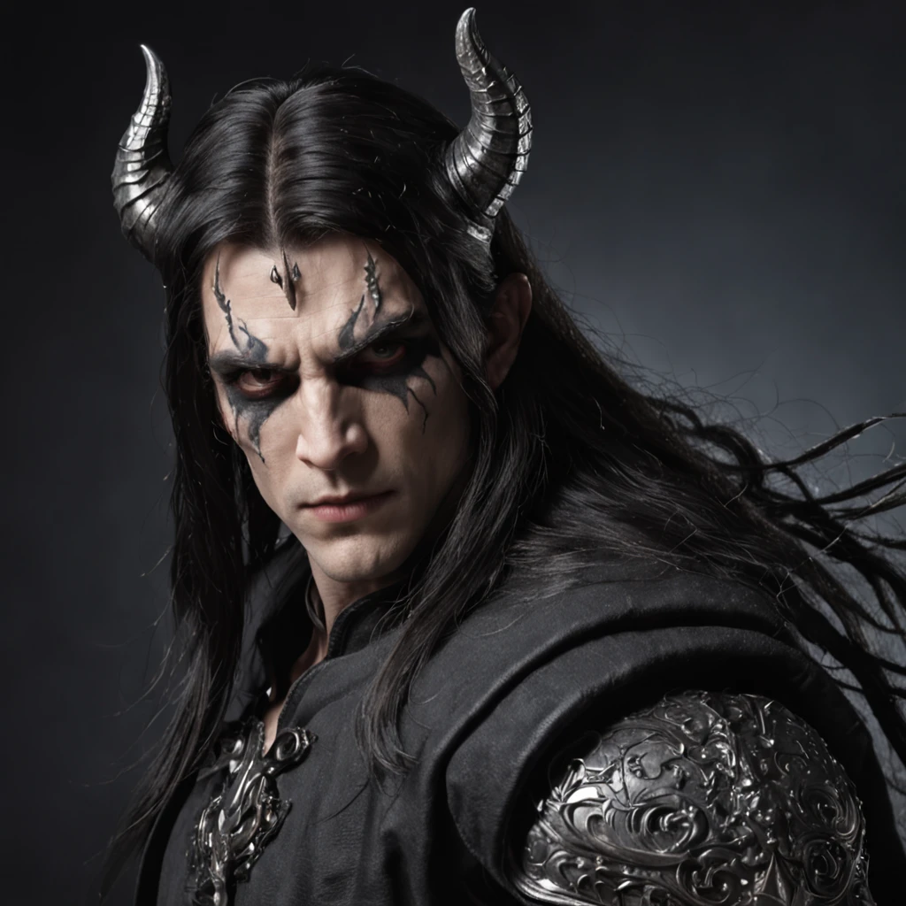 A dark boy Tiflin, Evil eyes, Wearing leather black armor, Dark silver, Pale and dark skin, Bright eyes, Intricate horns, Black hair flowing, Long hair, sport, Muscular, Hot, Malicious eyes, epic angle, Dark background, medieval fantasy, art by Alan Lee